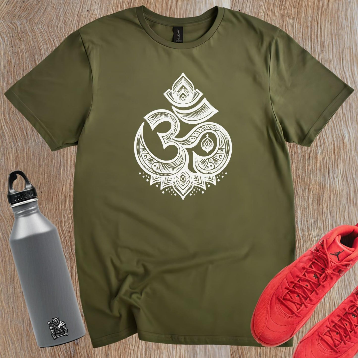 "Bold graphic gym T-shirt featuring an intricately designed Om symbol, promoting peace, mindfulness, and inner strength for fitness enthusiasts."