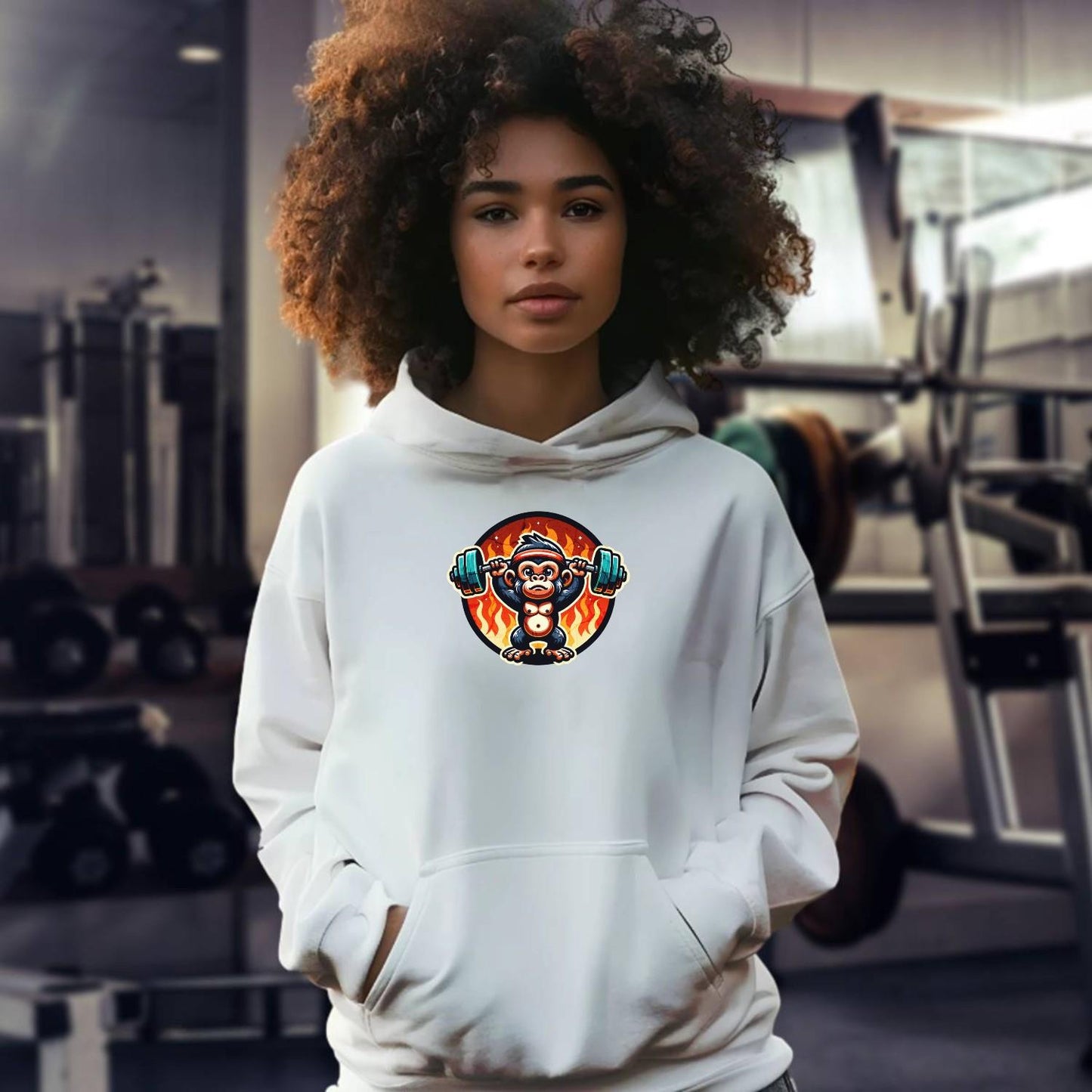 Alt text: "Vibrant gym hoodie featuring a fierce lifting monkey design, ideal for workouts and casual wear, embodying motivation and fitness."
