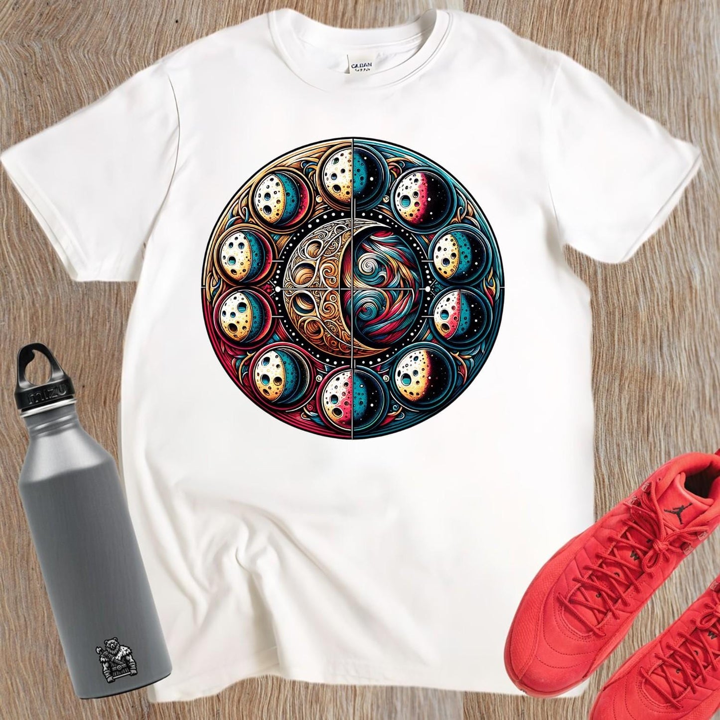 Alt text: "Cosmic Moon Phases T-Shirt design featuring vibrant celestial artwork, perfect for gym workouts and casual outings, inspiring fitness passion."
