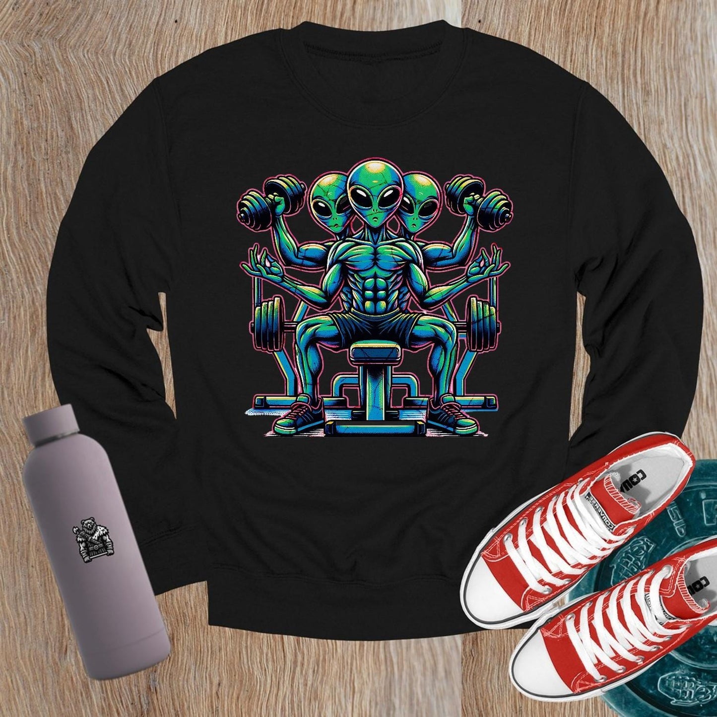 "Vibrant alien-themed Crewneck Sweatshirt for gym enthusiasts, featuring a unique design that combines fitness and individuality."