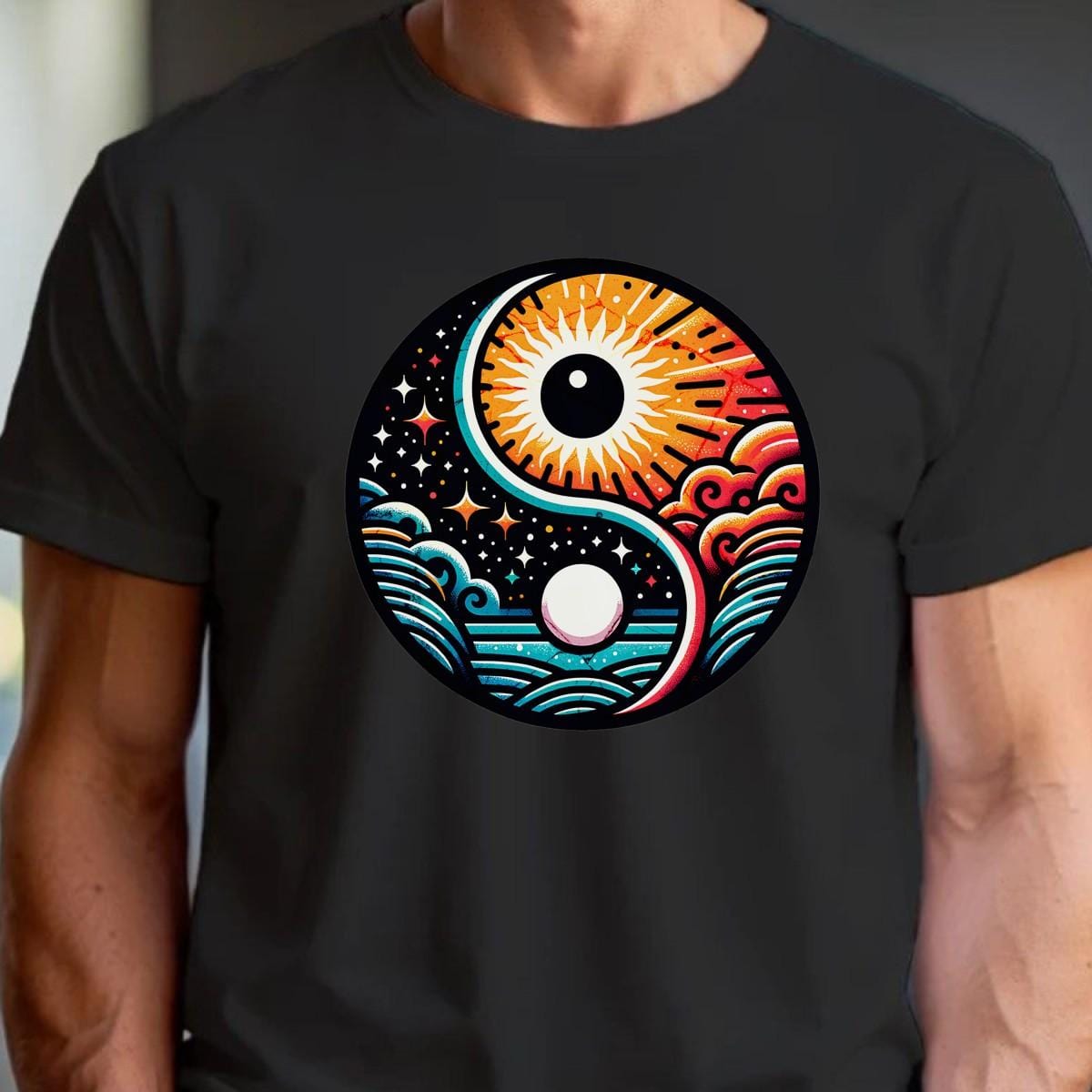"Vibrant gym T-shirt featuring a bold yin-yang design with sun and moon elements, symbolizing harmony and strength for fitness enthusiasts."