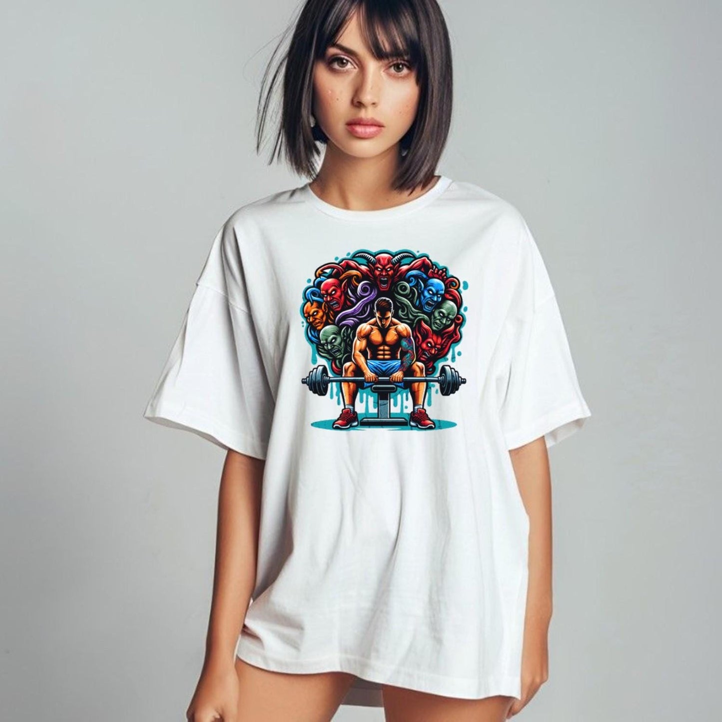 "Graphic gym t-shirt showcasing a fierce design symbolizing strength and determination, inspiring workouts and fitness dedication."