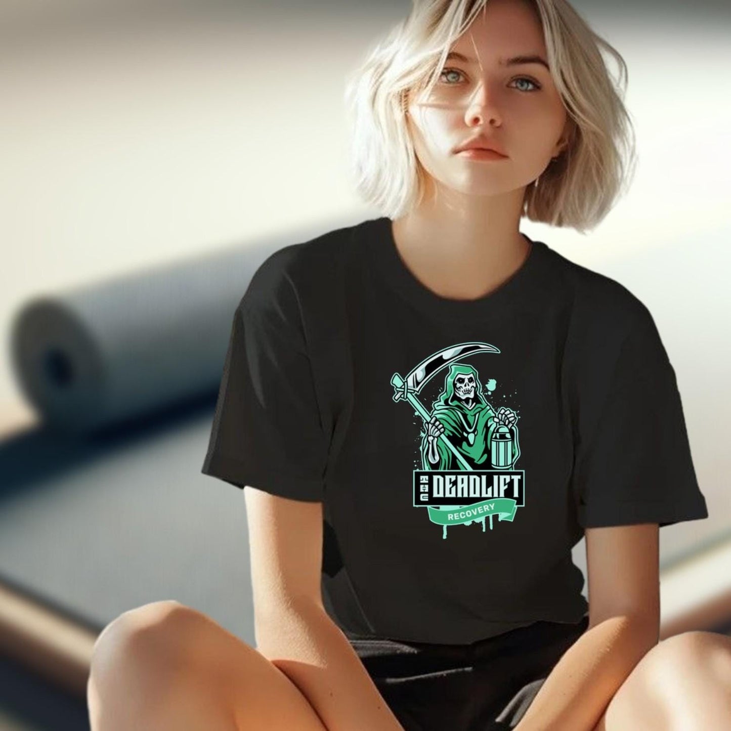 "Graphic gym t-shirt featuring bold 'Deadlift Recovery' design, perfect for fitness enthusiasts showcasing humor and strength."