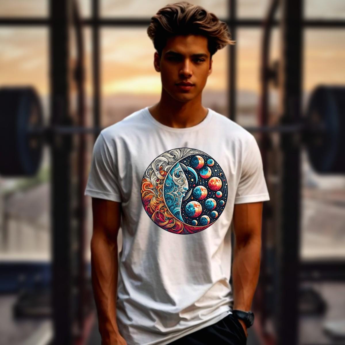 "Vibrant Cosmic Flow T-Shirt featuring an intricate graphic of strength and serenity, perfect for workouts and casual outings."