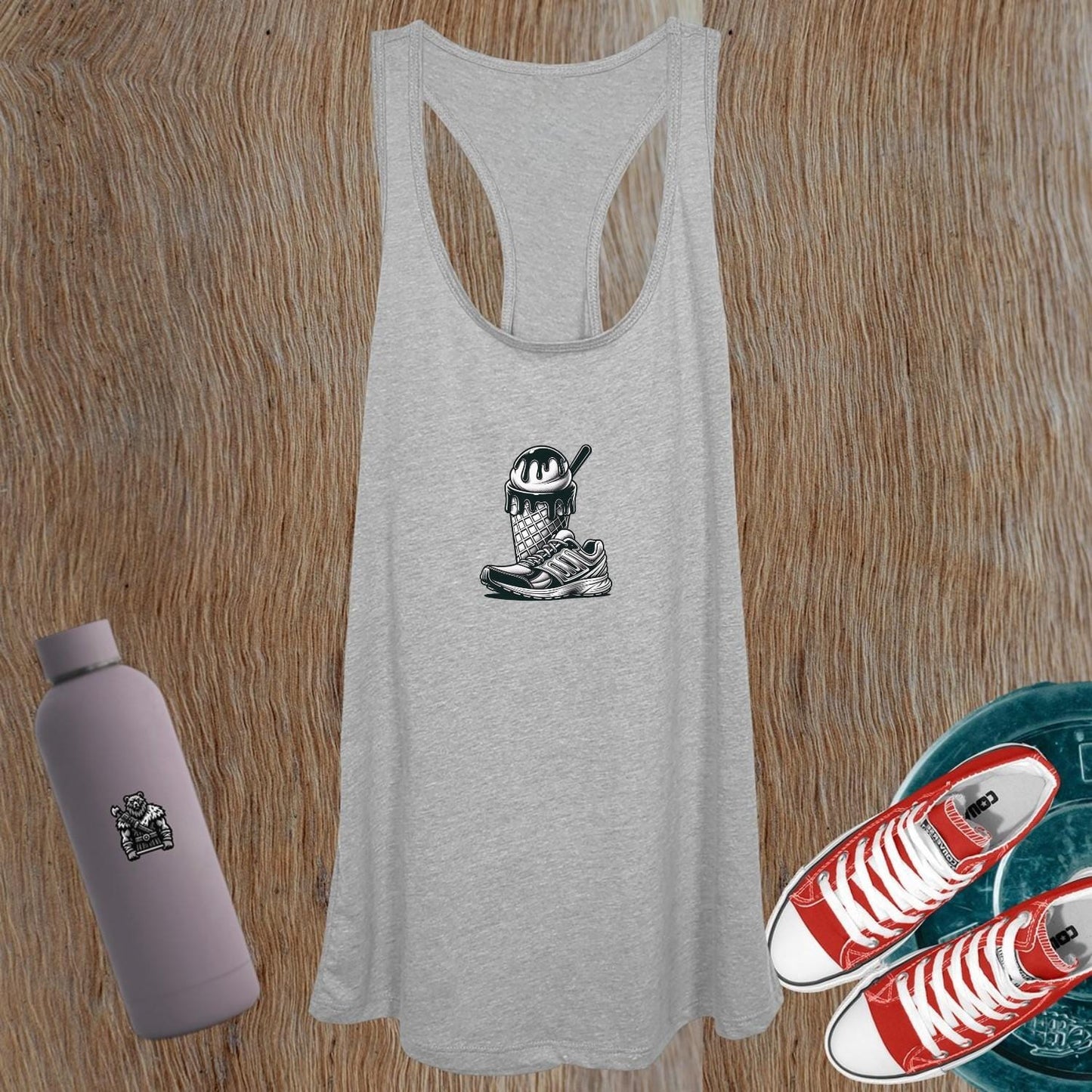 "Playful women's gym tank top featuring a colorful sneaker and ice cream graphic, perfect for stylish workouts and casual outings."