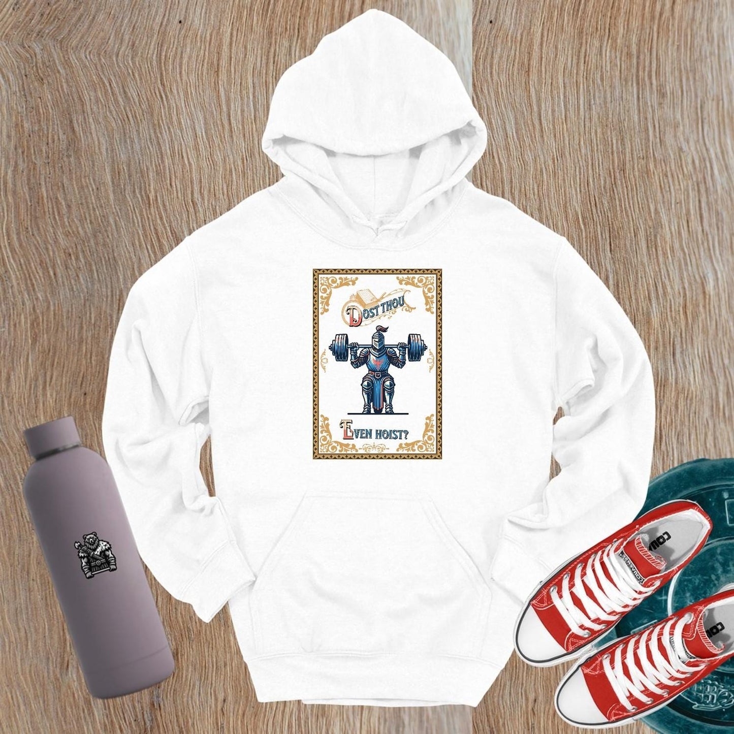 "Black hoodie featuring a bold knight graphic with the phrase 'Dost Thou Even Hoist?', perfect for gym enthusiasts and fitness lovers."