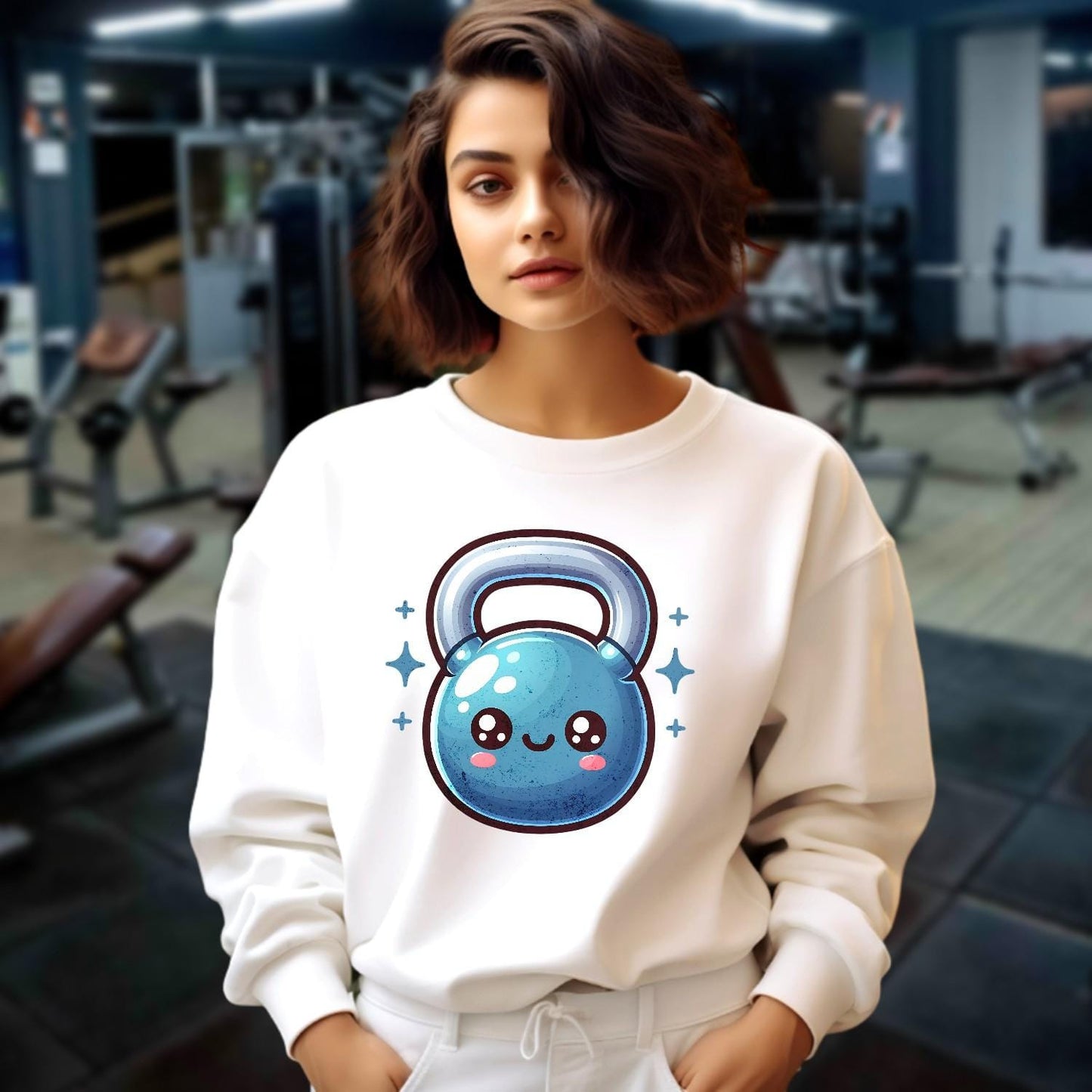"Cozy gym sweatshirt featuring a cheerful, smiley kettlebell graphic, perfect for workouts or casual wear. Stylish and fun activewear."