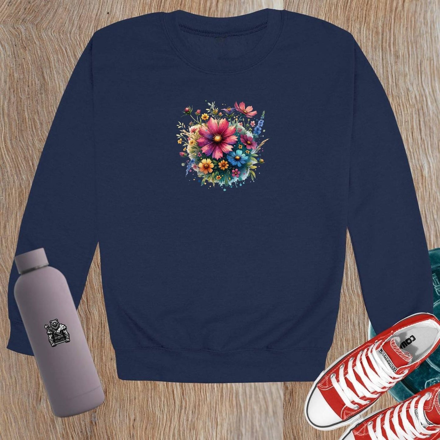 "Vibrant floral crewneck sweatshirt for gym and casual wear. Perfect blend of comfort and style for workouts, leggings, and shorts."