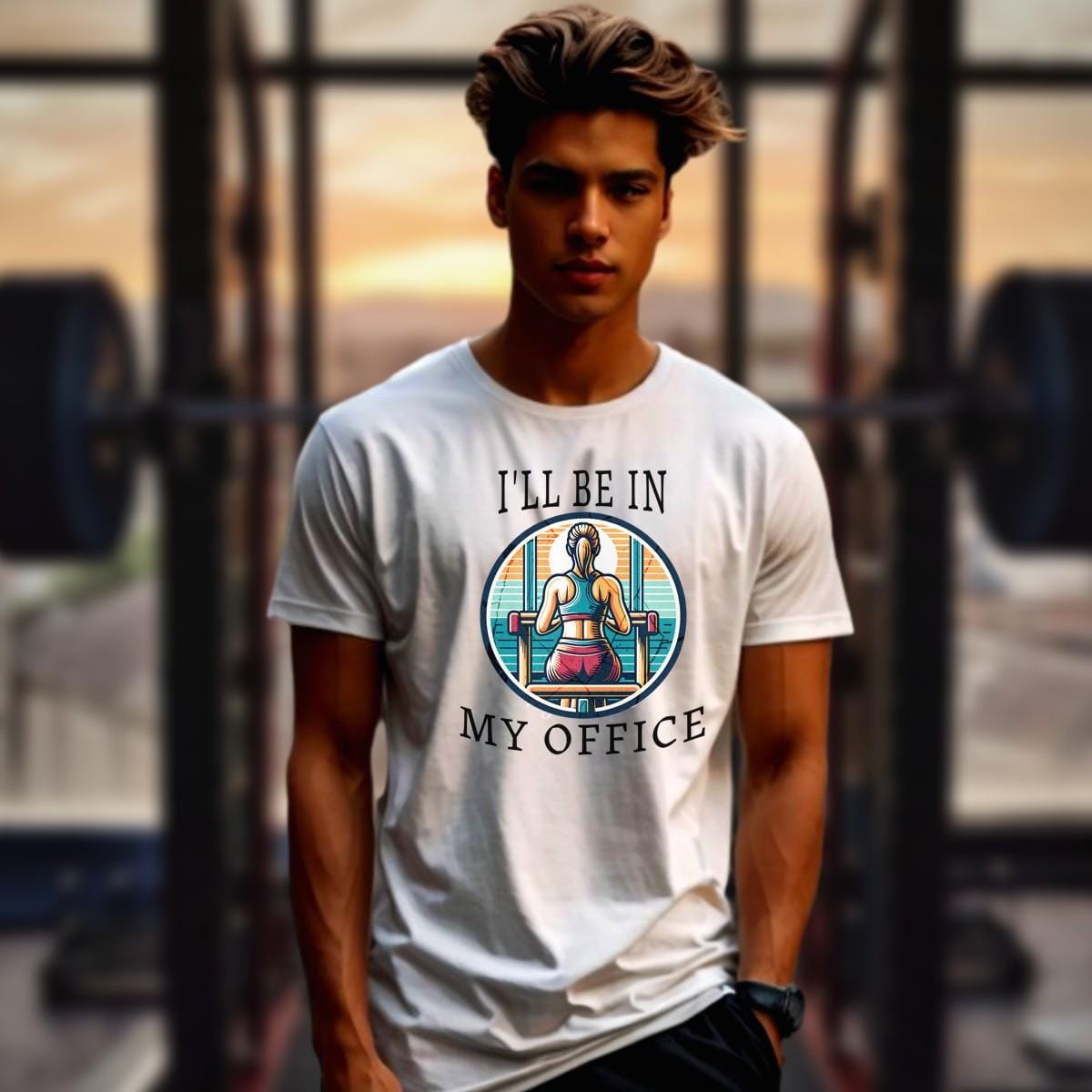 Alt text: "Stylish 'I'll Be in My Office' gym T-shirt featuring a motivational graphic, perfect for workouts and casual outings, embodies fitness passion."