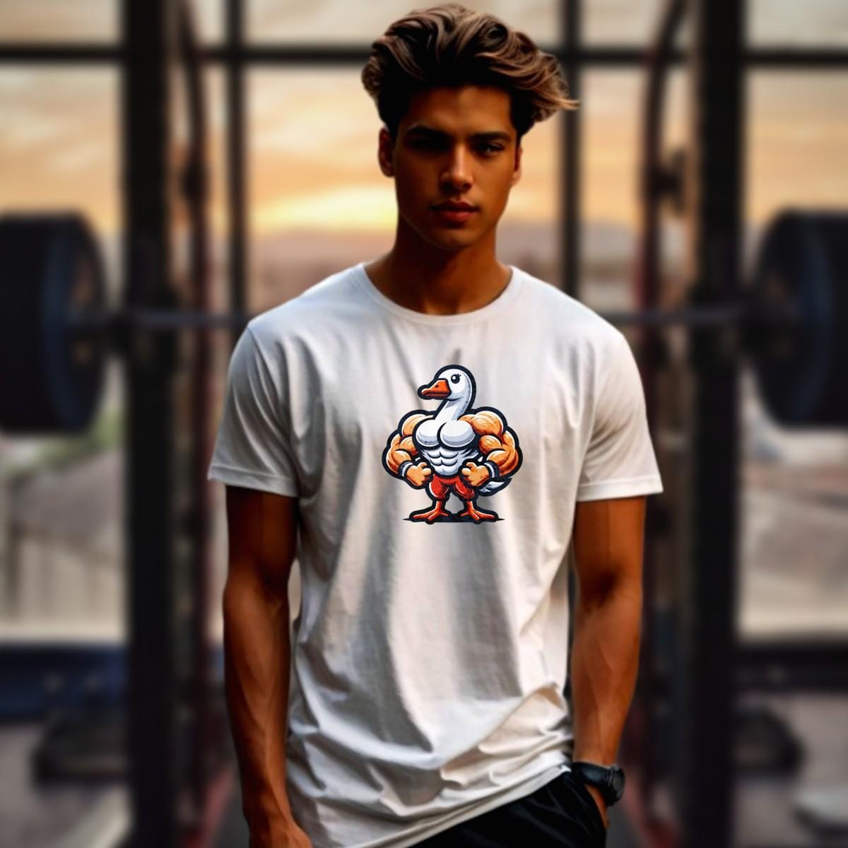 Alt text: "Muscular duck graphic T-shirt for gym enthusiasts, featuring a bold design that combines fun and fitness in a relaxed fit."
