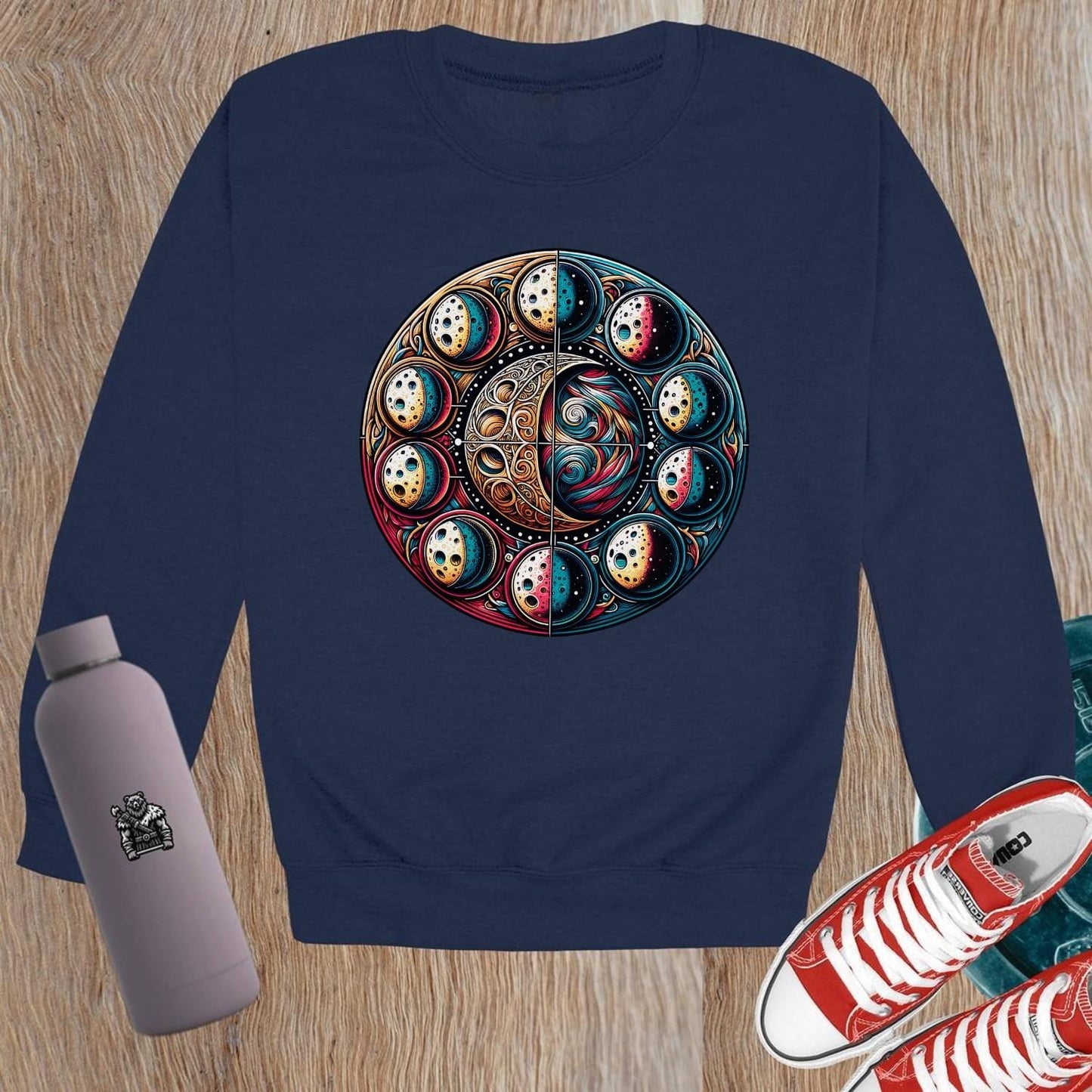 "Cosmic design crewneck sweatshirt for gym and casual wear, combining comfort and bold aesthetics, perfect for fitness enthusiasts."