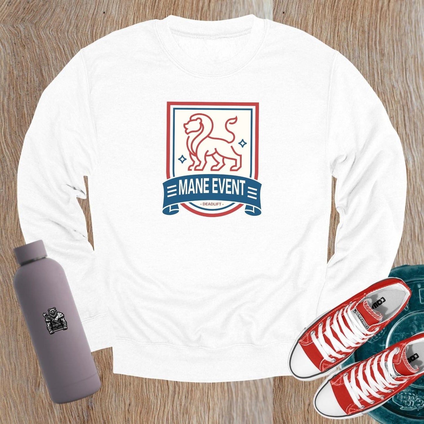 Alt text: "Bold lion emblem on a stylish gray crewneck sweatshirt for gym enthusiasts, perfect for workouts and casual lounging."