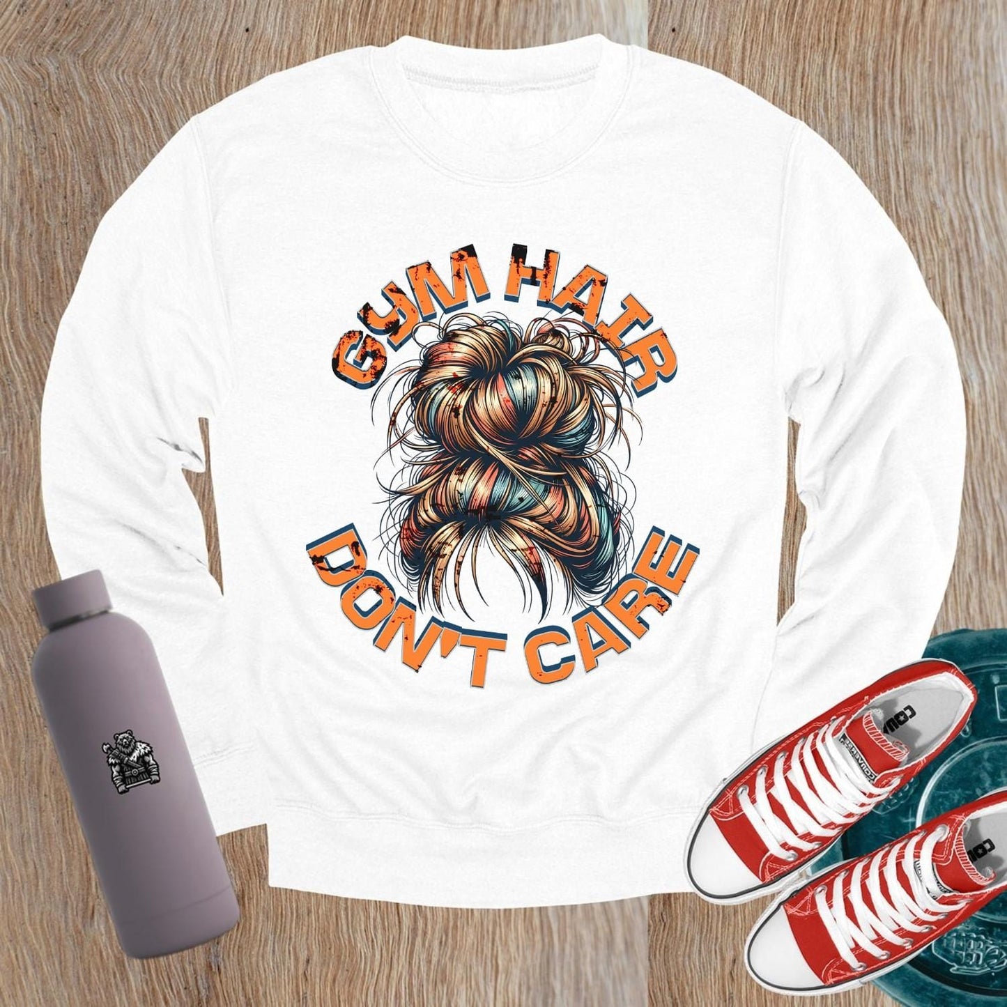 Alt text: "Bold 'Gym Hair Don't Care' sweatshirt design featuring a stylish crewneck, ideal for workouts or casual wear, celebrating gym culture."