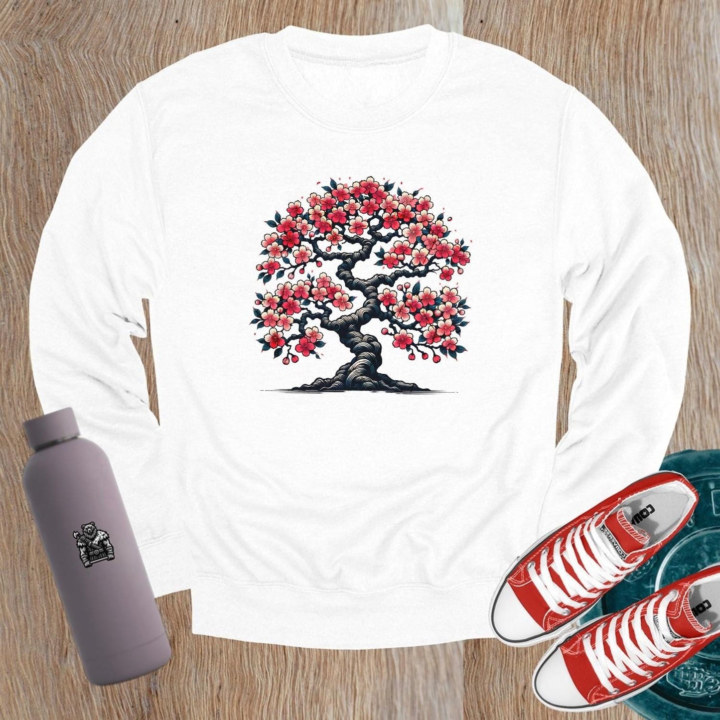"Floral tree design sweatshirt for women, vibrant print, sporty chic style, perfect for workouts or casual outings, gym wear."