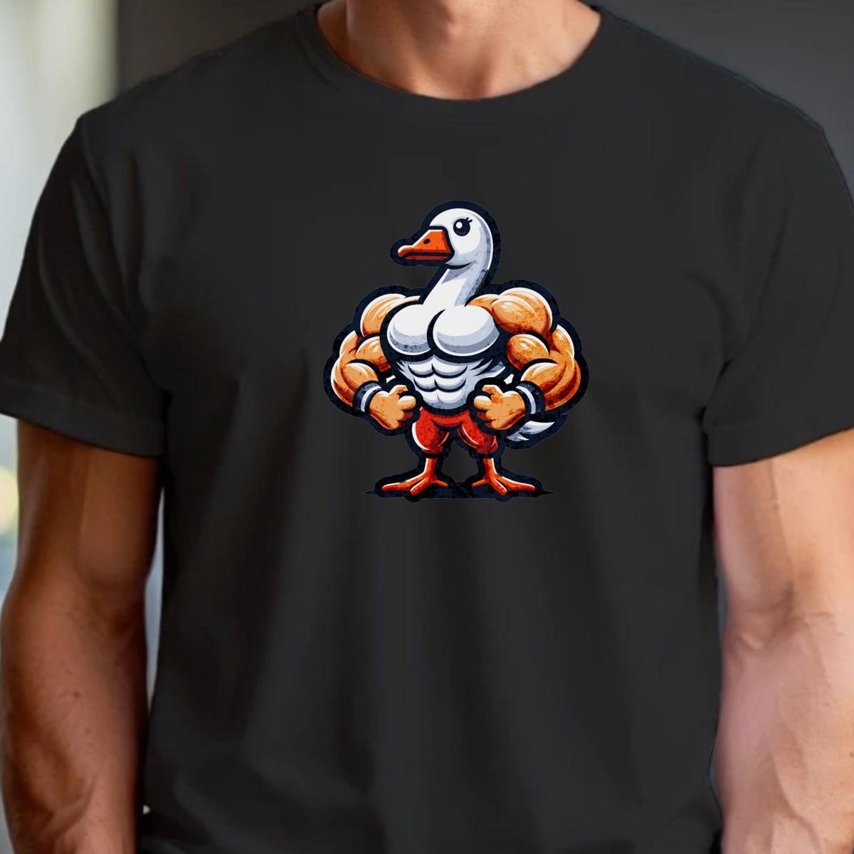 "Bold gym T-shirt featuring a muscle-bound goose design, perfect for workouts, fitness enthusiasts, and making a fun statement."