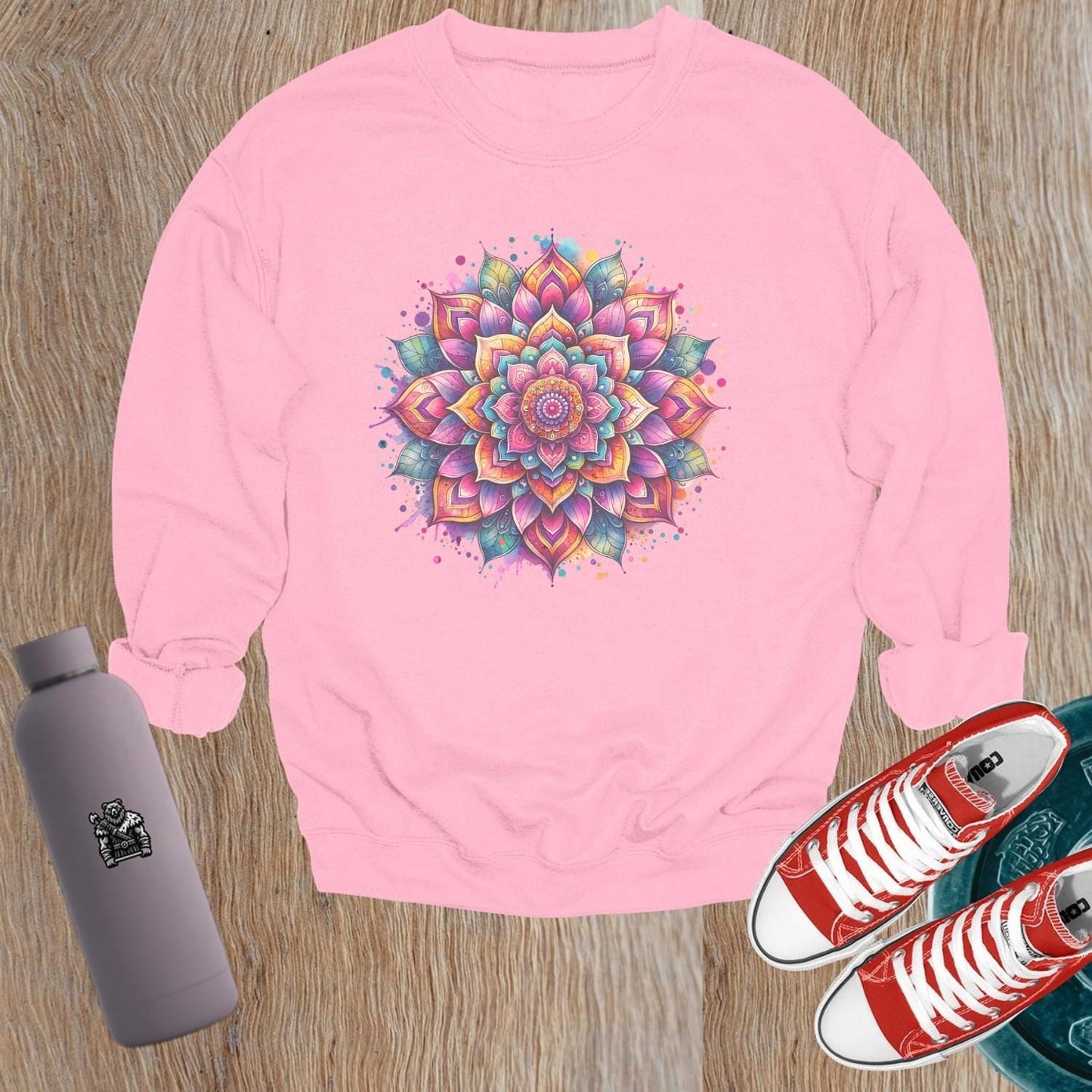 "Vibrant gym sweatshirt featuring a stunning mandala design, perfect for workouts or casual wear, inspiring positivity and individuality."