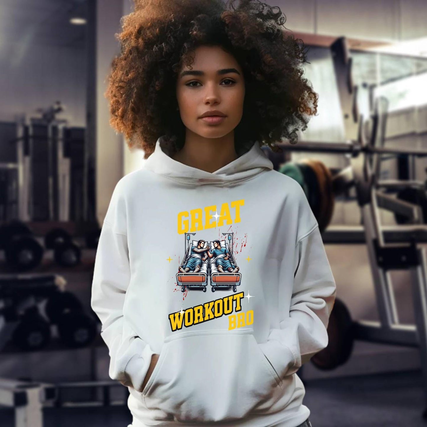 "Edgy 'Great Workout Bro' hoodie featuring bold text and a modern design, perfect for gym enthusiasts and fitness motivation."