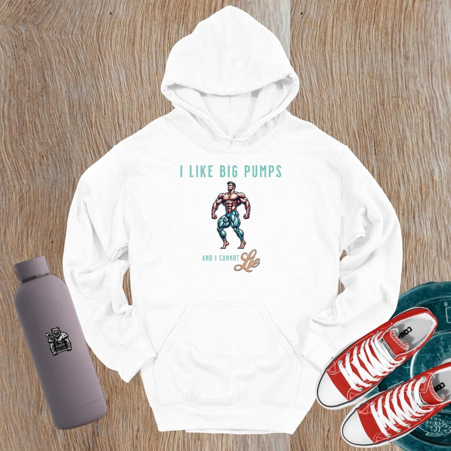 Alt text: "Bold 'I Like Big Pumps' gym hoodie in a striking design, showcasing strength and confidence for fitness enthusiasts during workouts."