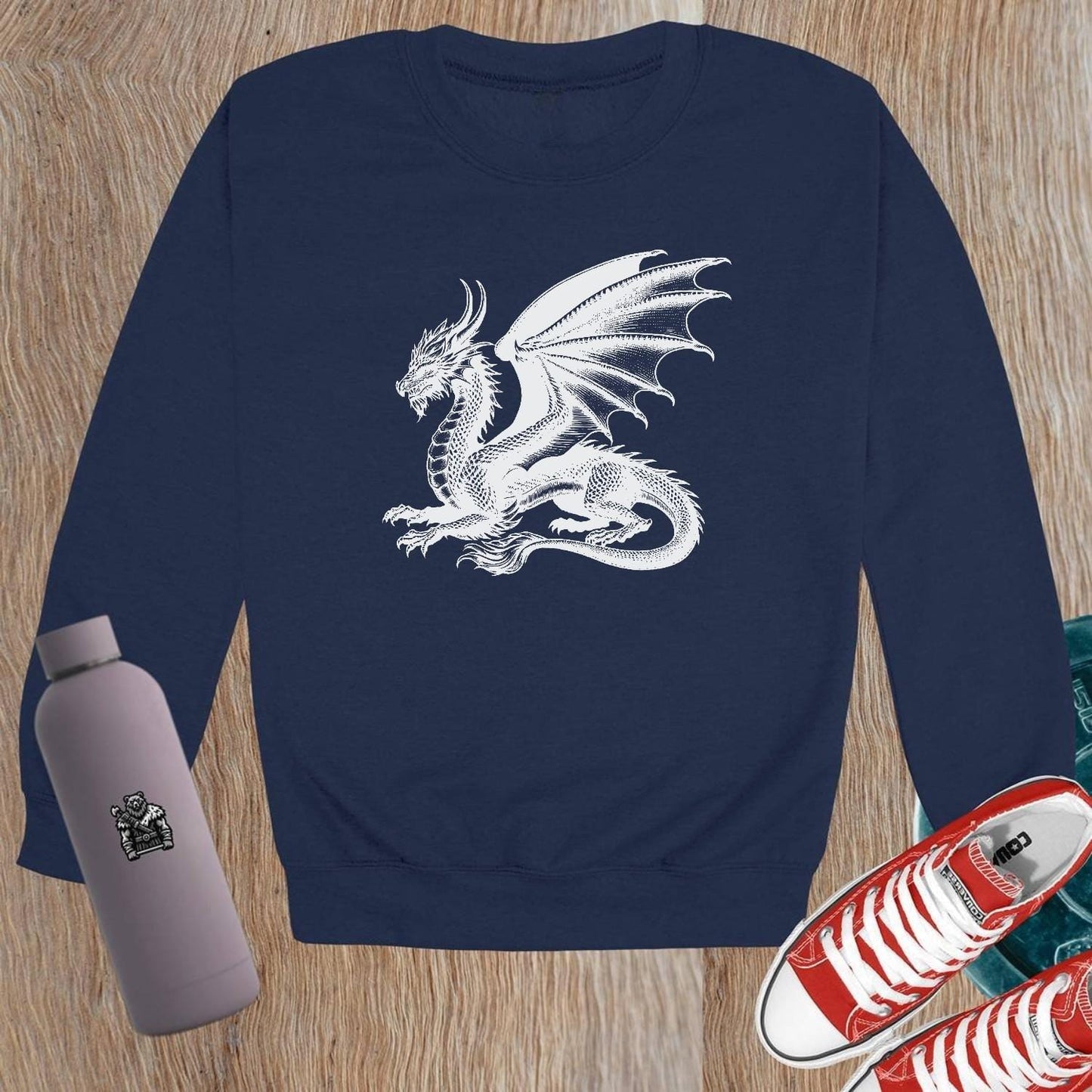 "Fierce dragon graphic on a bold crewneck sweatshirt, perfect for workouts and casual wear. Elevate your gym style with comfort."