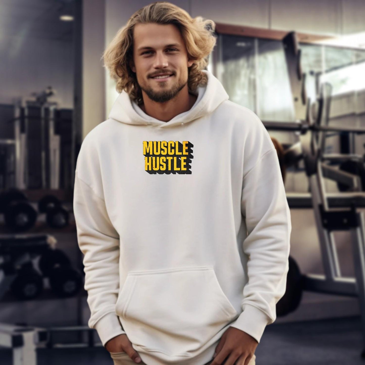 Alt text: "Muscle Hustle hoodie featuring a bold graphic design that symbolizes strength and determination, perfect for fitness enthusiasts."