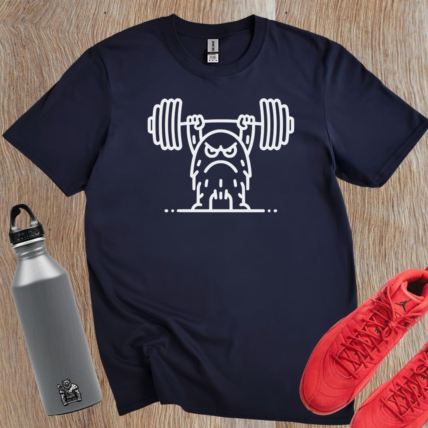 "Bold gym T-shirt featuring a fierce weightlifting monster design. Ideal for fitness enthusiasts, showcasing strength and motivation."