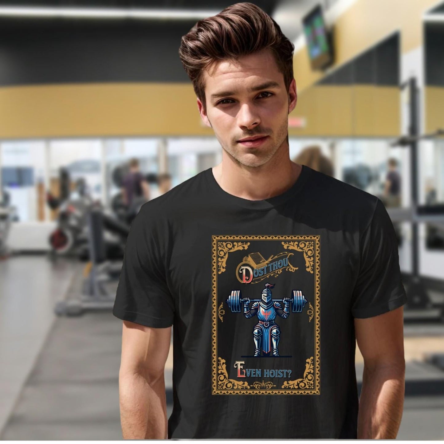 "Gym shirt featuring a bold knight lifting weights with humorous text 'Dost Thou Even Hoist?'—perfect for fitness enthusiasts."
