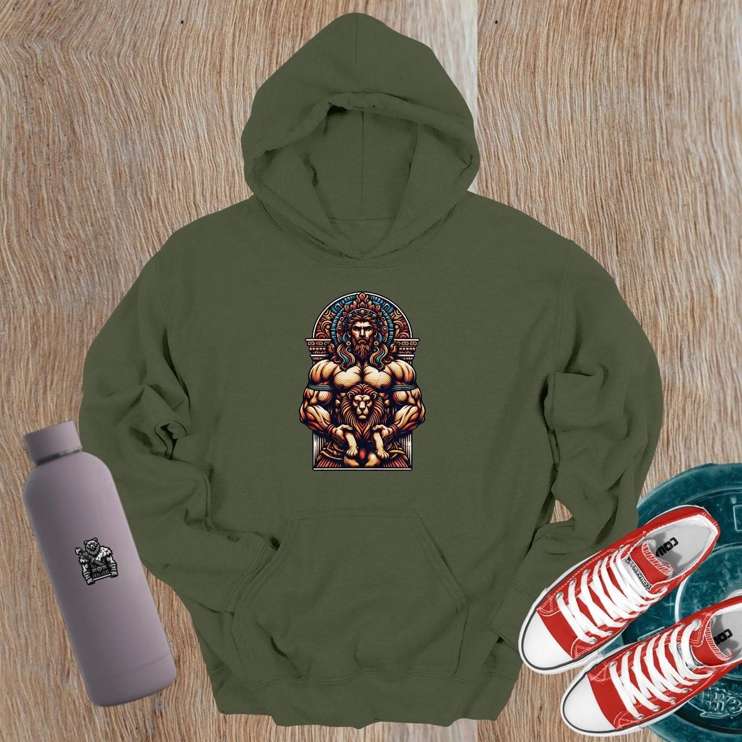 "Bold gym hoodie featuring a fierce lion and warrior design, symbolizing strength and resilience. Perfect for fitness enthusiasts."