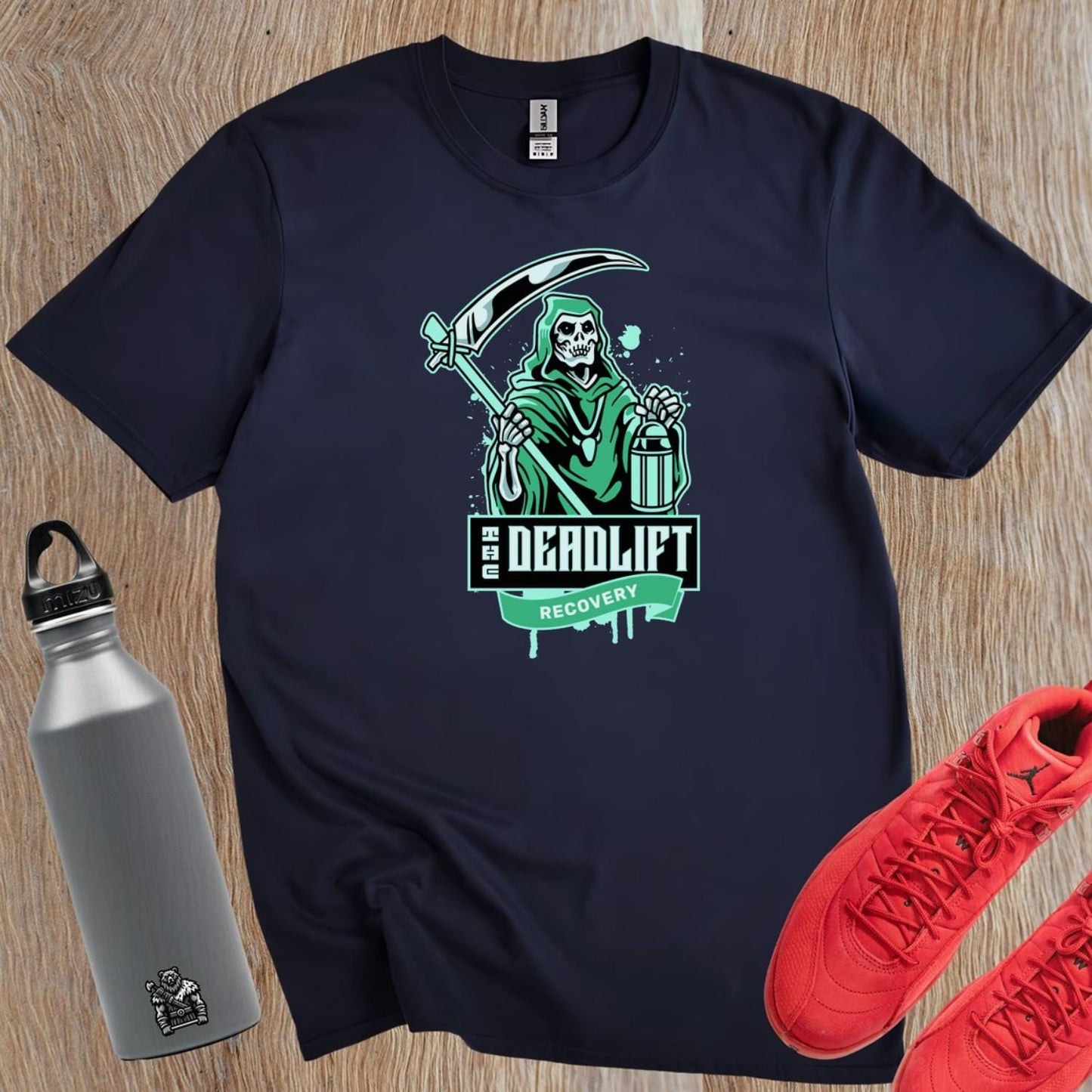 "Graphic gym t-shirt featuring bold 'Deadlift Recovery' design, perfect for fitness enthusiasts showcasing humor and strength."