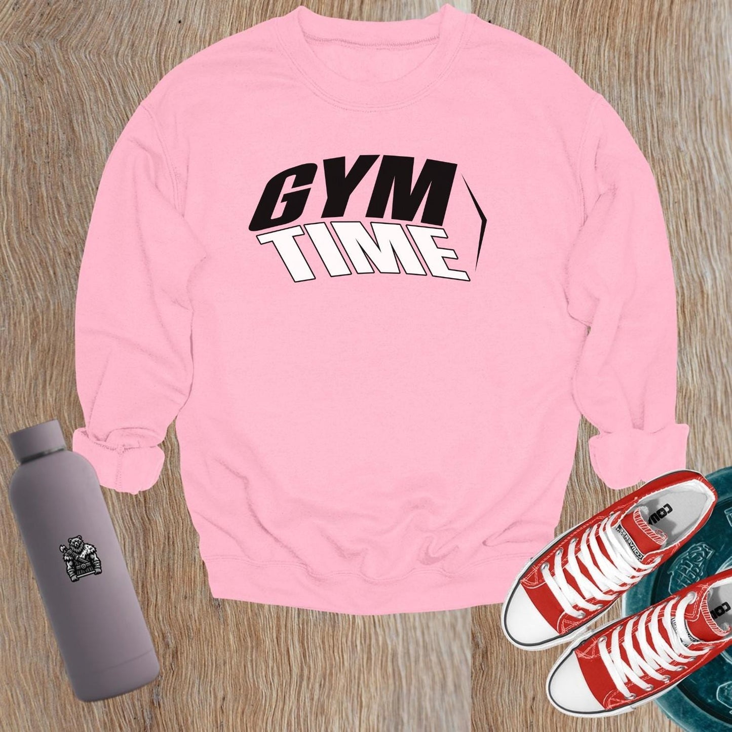 "Bold gym crewneck sweatshirt featuring a 'TIME' design, perfect for workouts or casual wear, embodying style, comfort, and motivation."