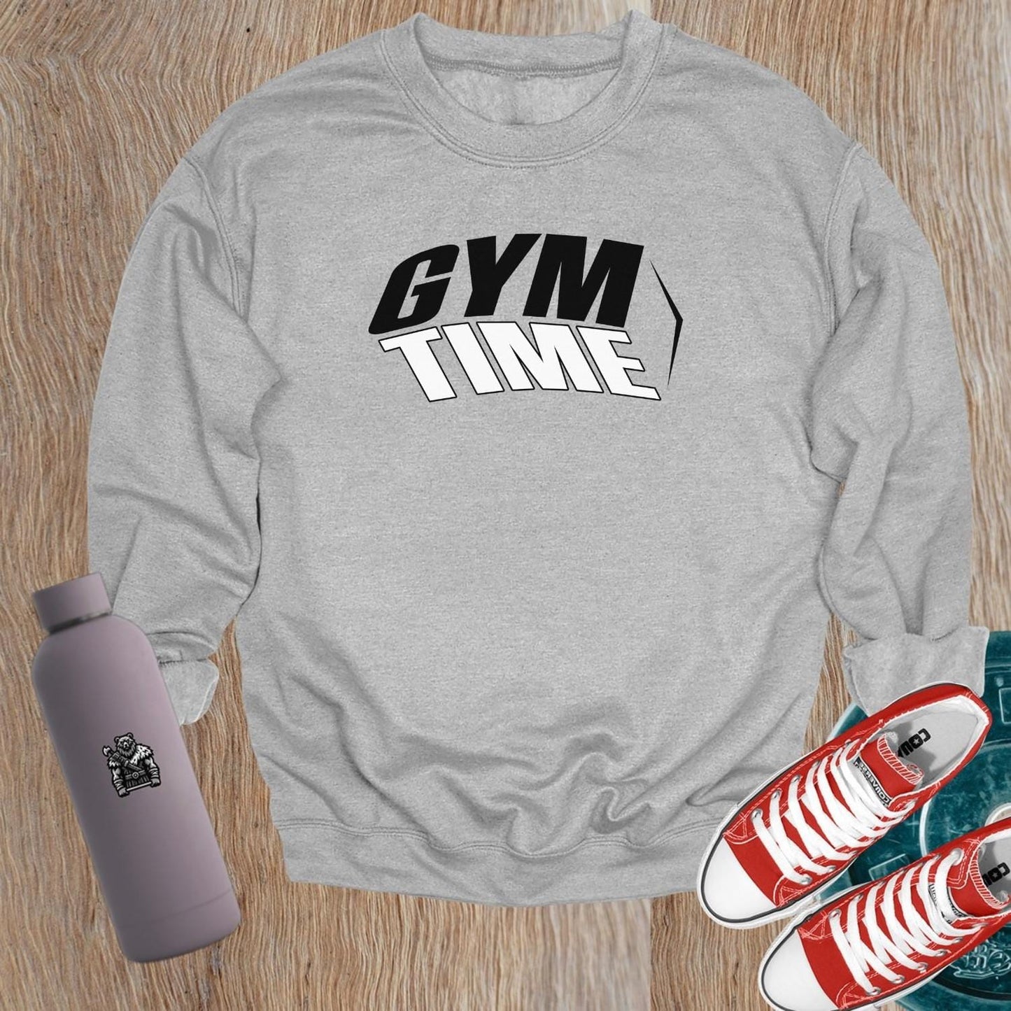 "Bold gym crewneck sweatshirt featuring a 'TIME' design, perfect for workouts or casual wear, embodying style, comfort, and motivation."