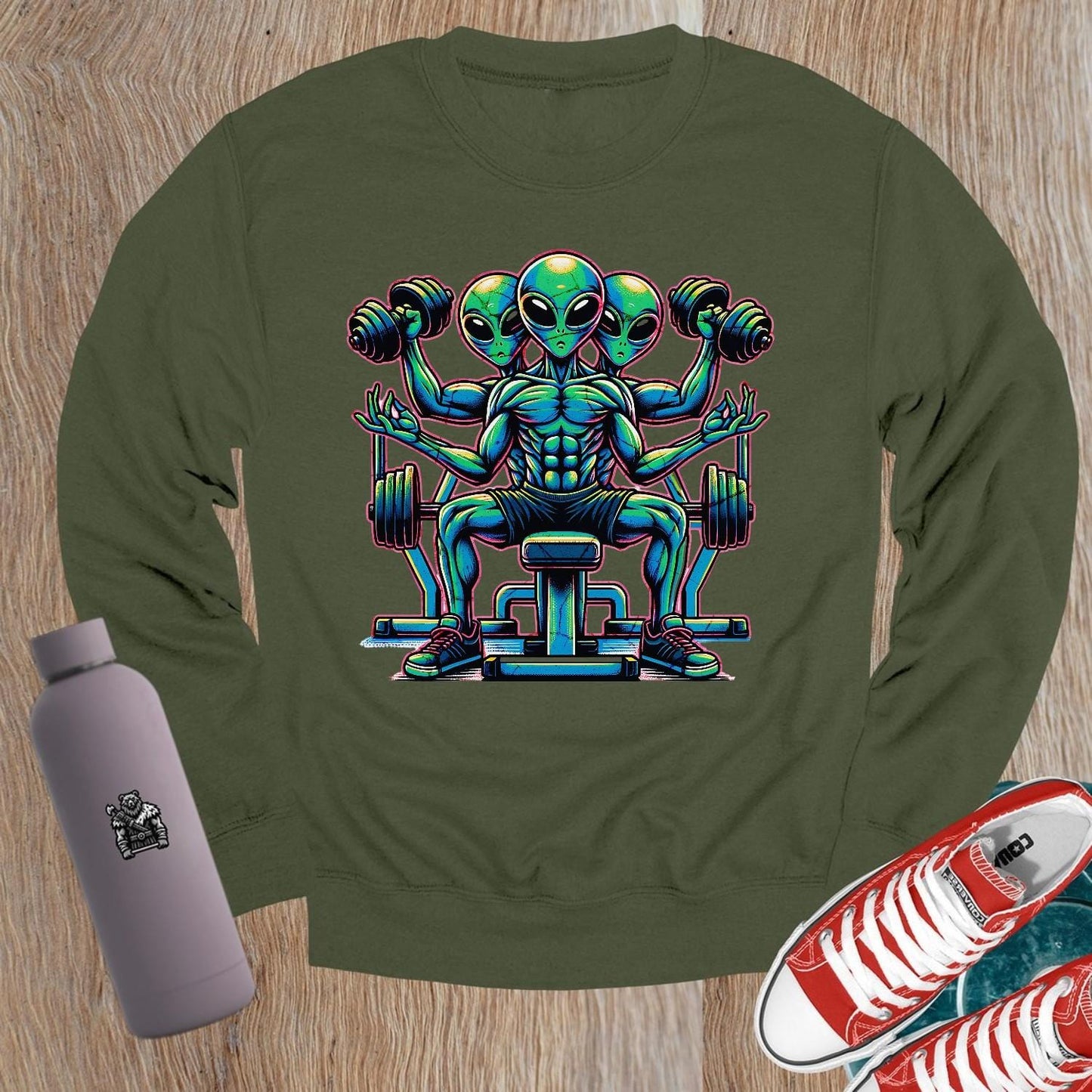 "Vibrant alien-themed Crewneck Sweatshirt for gym enthusiasts, featuring a unique design that combines fitness and individuality."