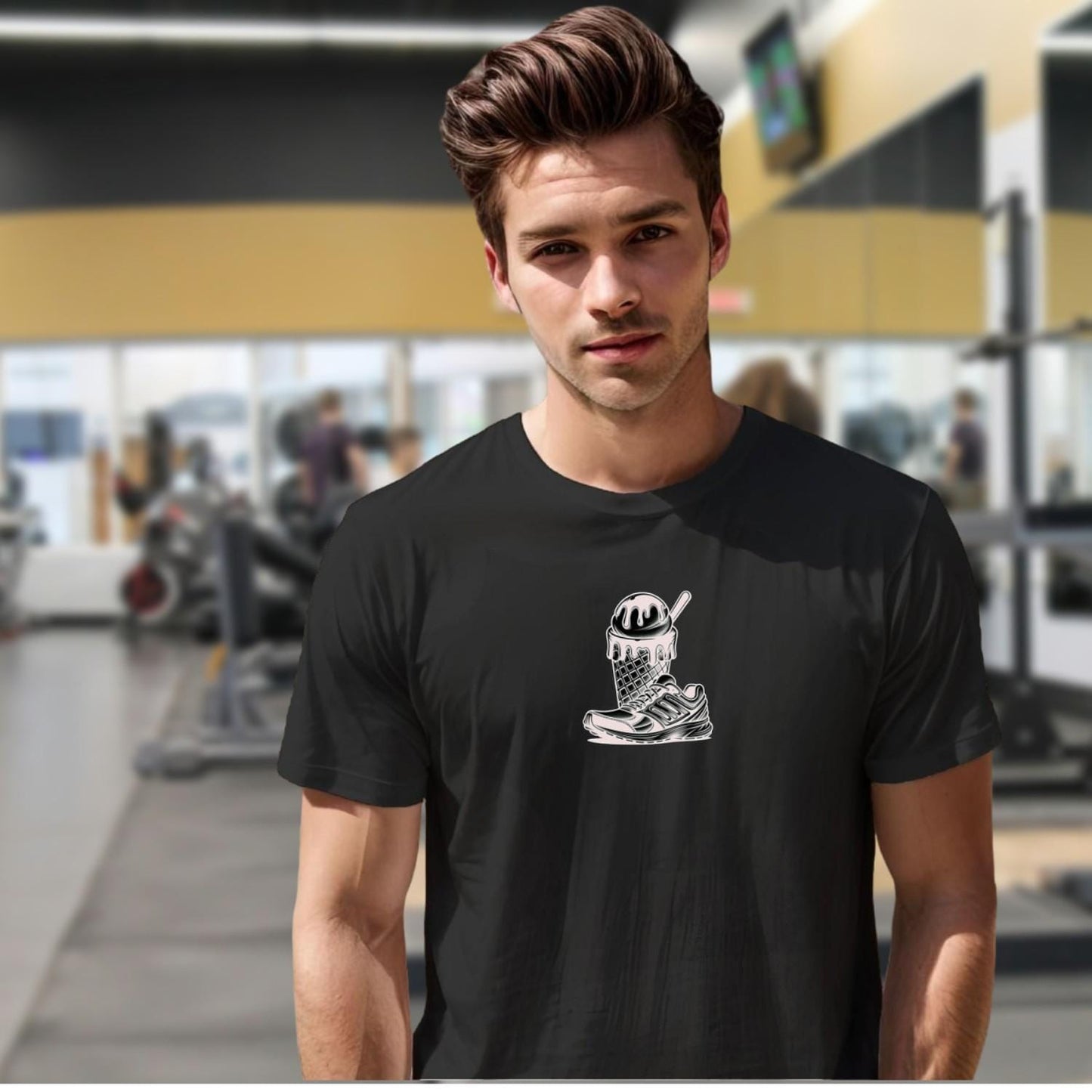Alt text: "Unique gym T-shirt design featuring a stylish running shoe and a vibrant ice cream cone, blending fitness and fun in one graphic."