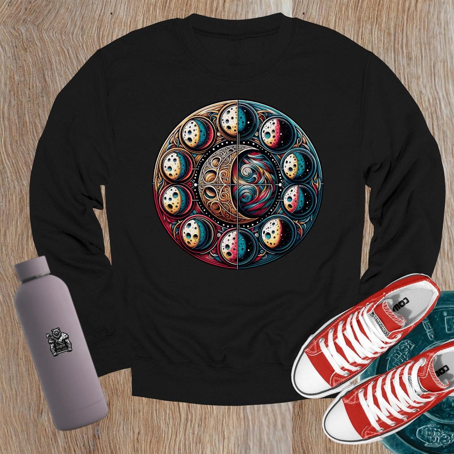 "Cosmic design crewneck sweatshirt for gym and casual wear, combining comfort and bold aesthetics, perfect for fitness enthusiasts."