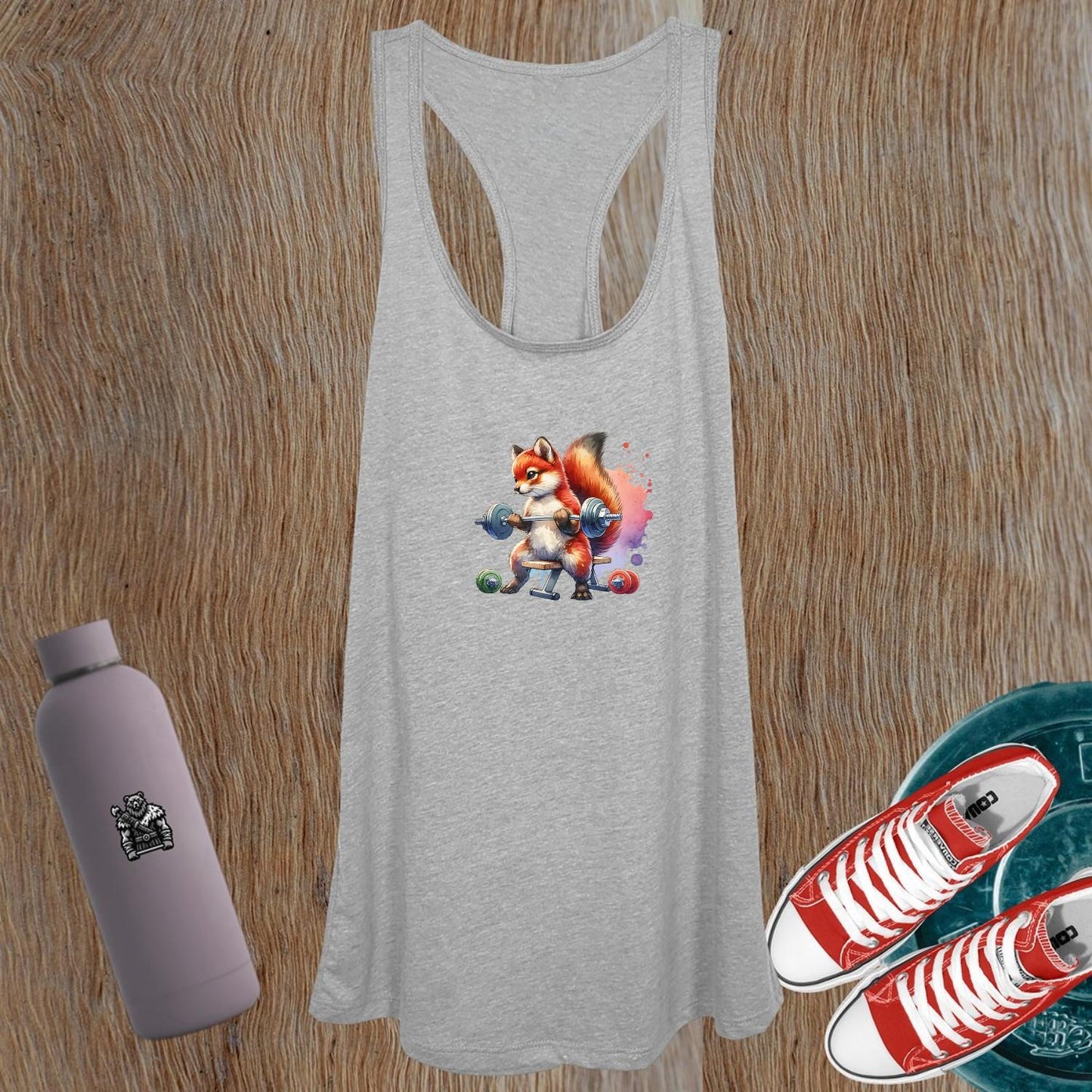"Playful women's tank top featuring a vibrant fitness fox design, perfect for gym workouts or casual outings, offering a flattering fit."
