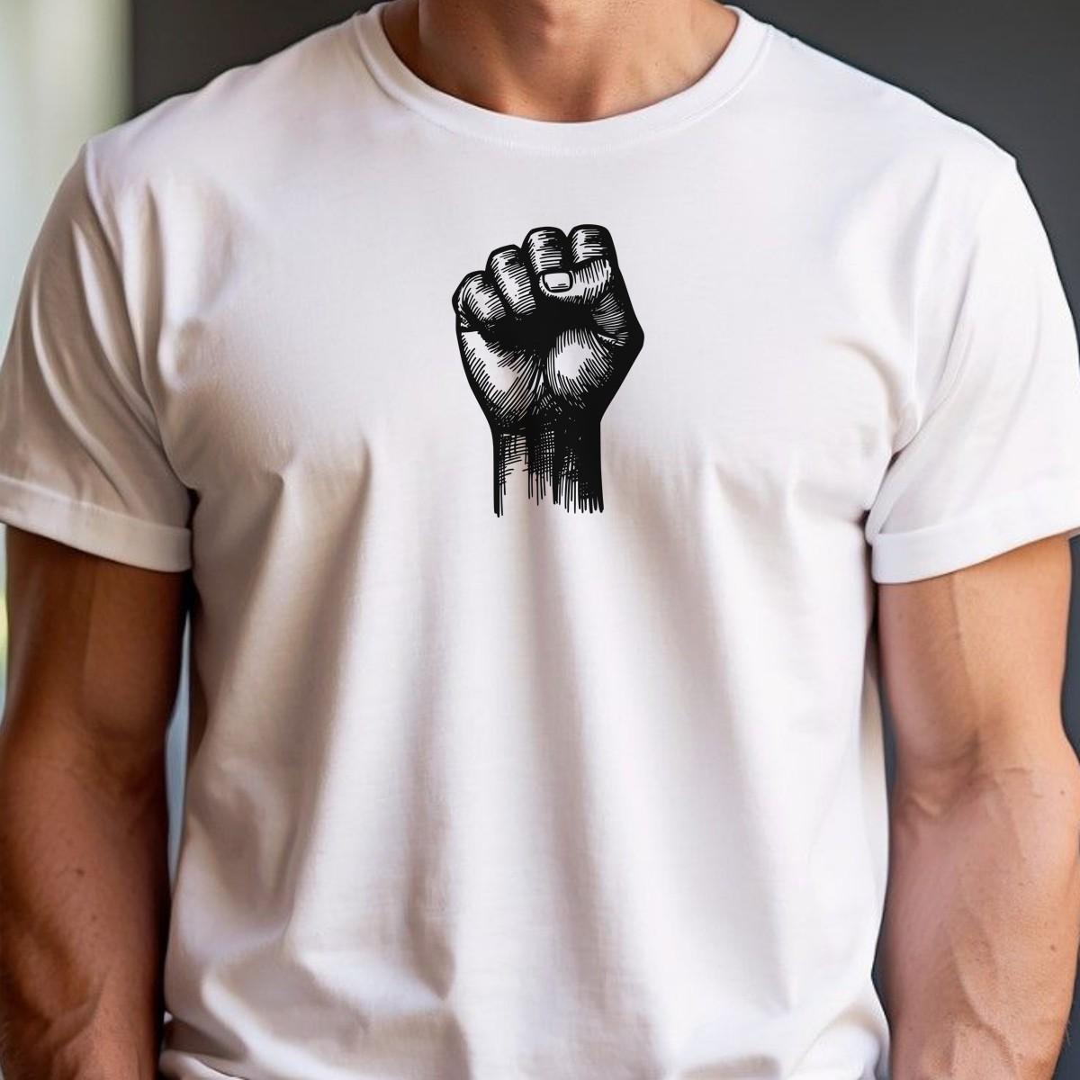 Alt text: "Bold gym t-shirt with a powerful raised fist graphic, symbolizing strength and determination for passionate fitness enthusiasts."
