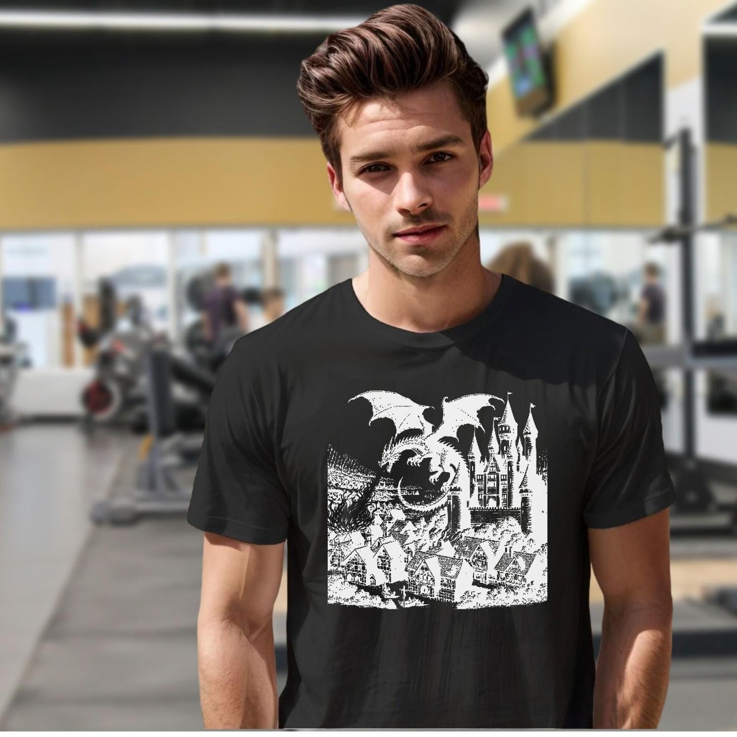 "Fierce dragon soaring over a mystical castle on a bold gym T-shirt, inspiring strength and confidence for workouts and casual outings."