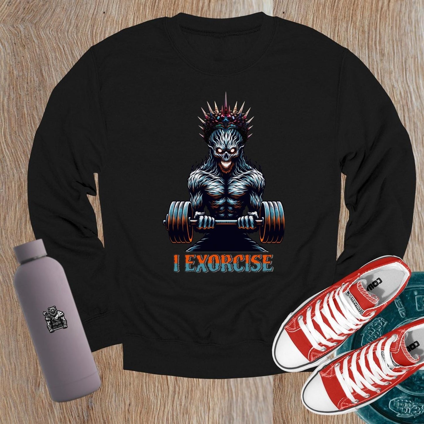 "Bold gym crewneck sweatshirt featuring 'I Exorcise' design, perfect for workouts or casual wear, combining style and motivation."