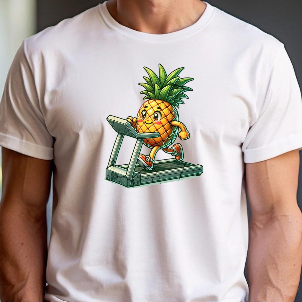 "Bright Pineapple Jogger T-Shirt featuring a cheerful pineapple exercising on a treadmill, promoting fun and motivation in fitness."