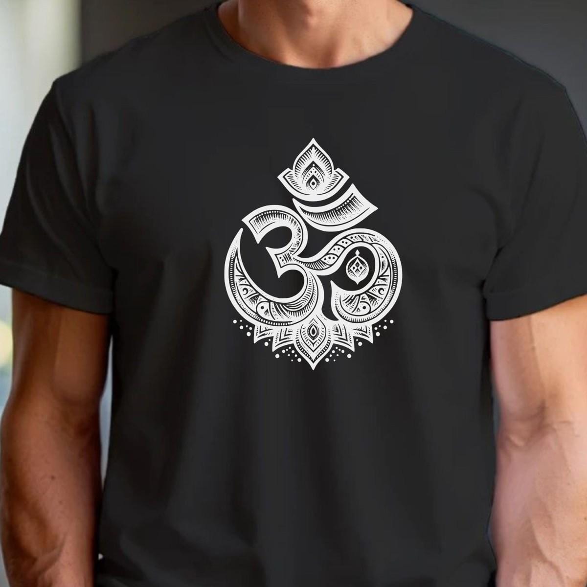 "Bold graphic gym T-shirt featuring an intricately designed Om symbol, promoting peace, mindfulness, and inner strength for fitness enthusiasts."