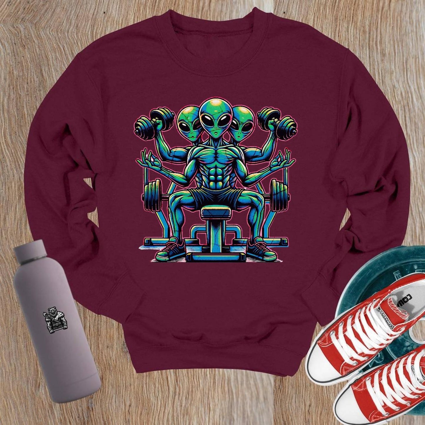"Vibrant alien-themed Crewneck Sweatshirt for gym enthusiasts, featuring a unique design that combines fitness and individuality."