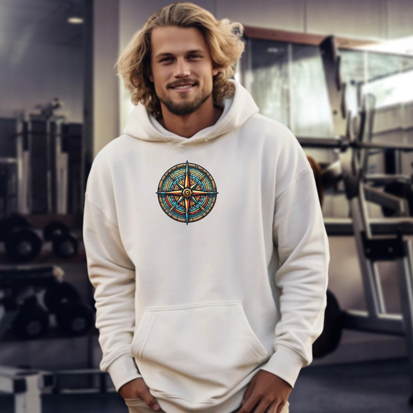 "Vibrant compass design hoodie for gym and casual wear, featuring bold colors and unique graphic symbolizing fitness journey and adventure."