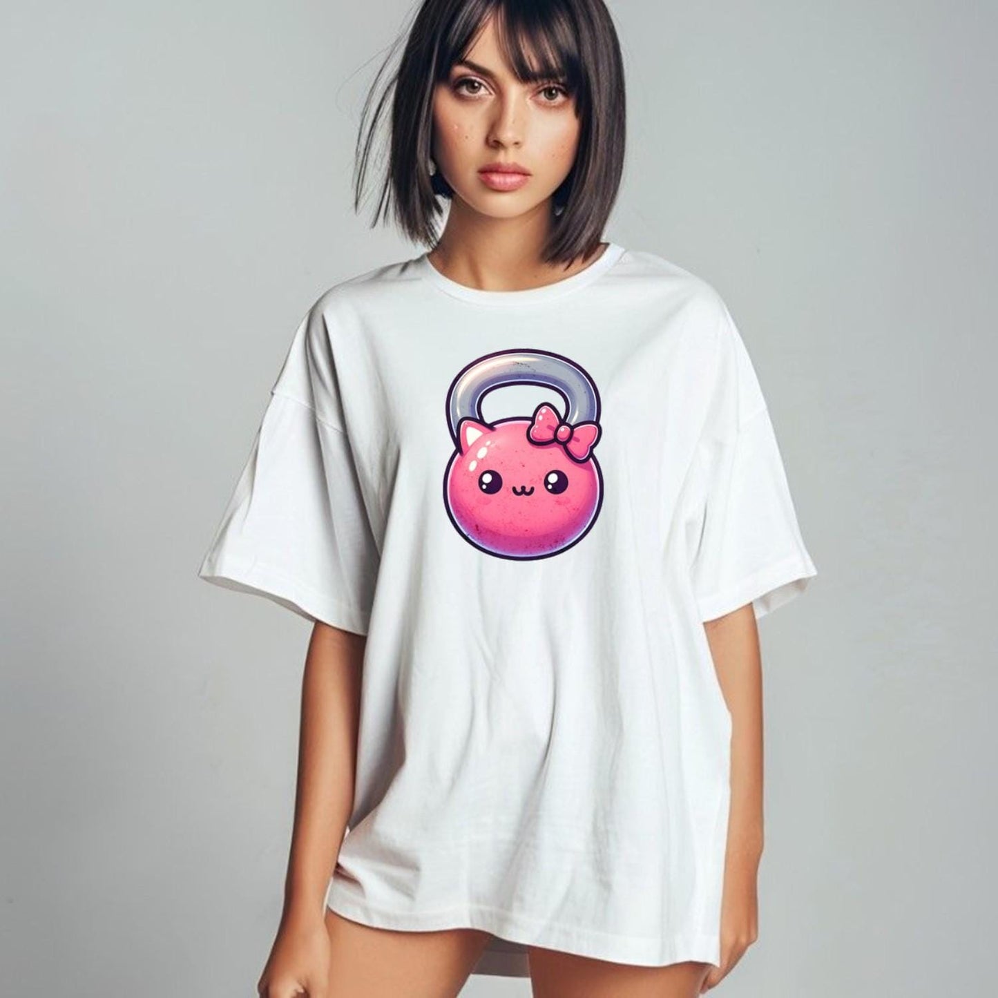 Alt text: "Kawaii Kettlebell T-shirt featuring a cute pink kettlebell with a bow, perfect for gym workouts and stylish casual wear."