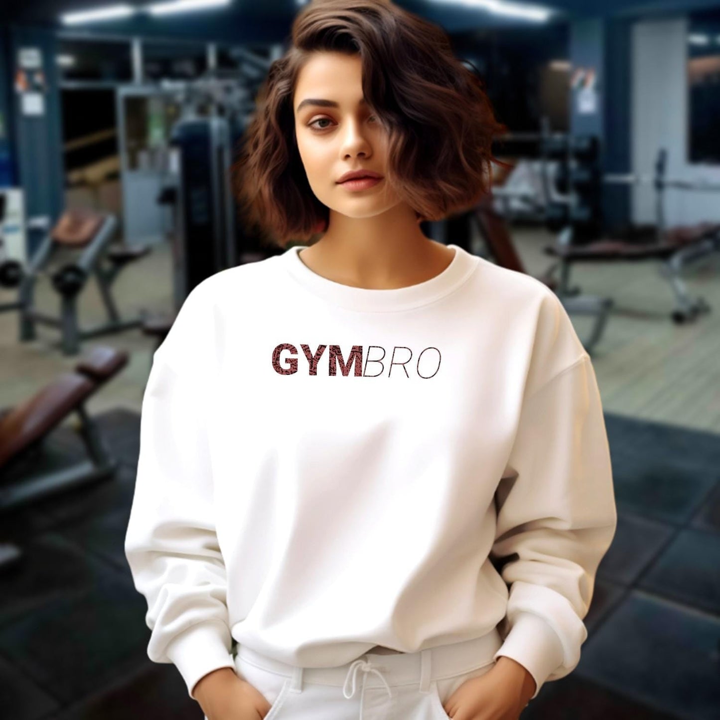 Alt text: "Bold 'GYMBRO' sweatshirt in a relaxed fit, perfect for gym workouts or casual wear, showcasing strength, fitness, and community spirit."