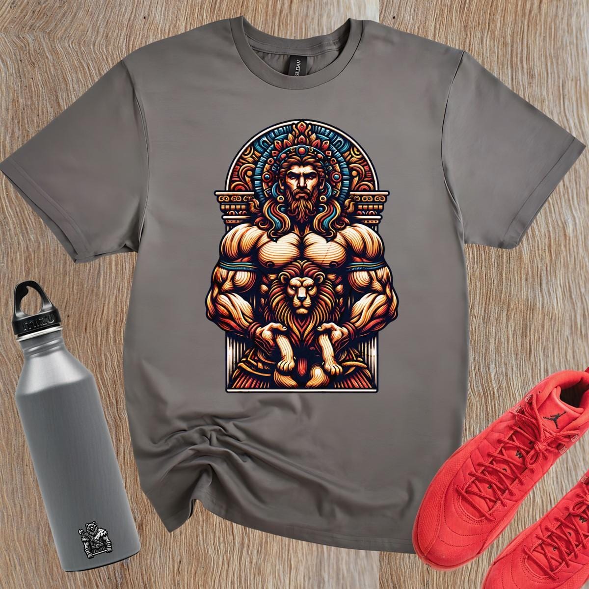 "Bold gym T-shirt featuring a strong muscular figure with a lion, symbolizing courage. Perfect for workouts and casual wear."
