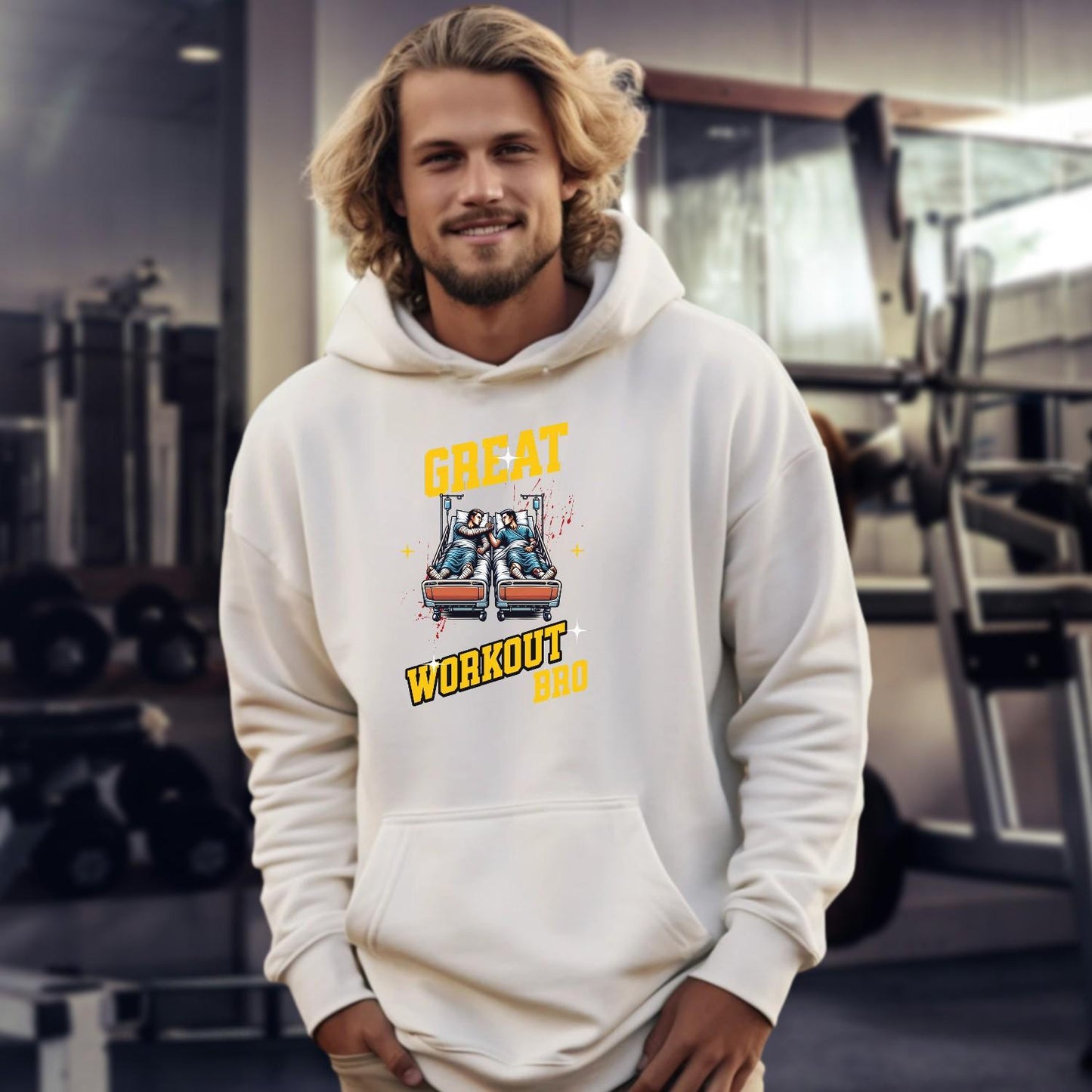"Edgy 'Great Workout Bro' hoodie featuring bold text and a modern design, perfect for gym enthusiasts and fitness motivation."
