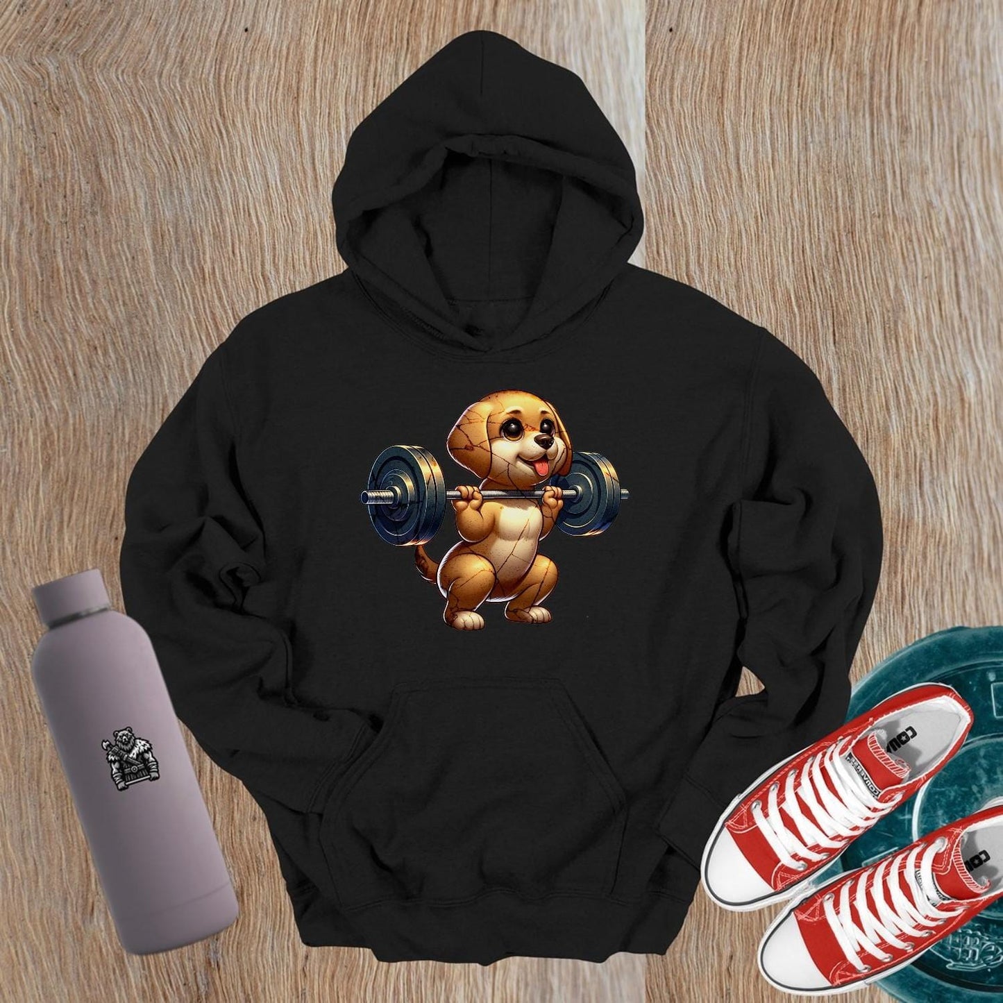 "Adorable gym hoodie featuring a playful puppy lifting weights, perfect for fitness lovers who want fun, style, and comfort in workouts."