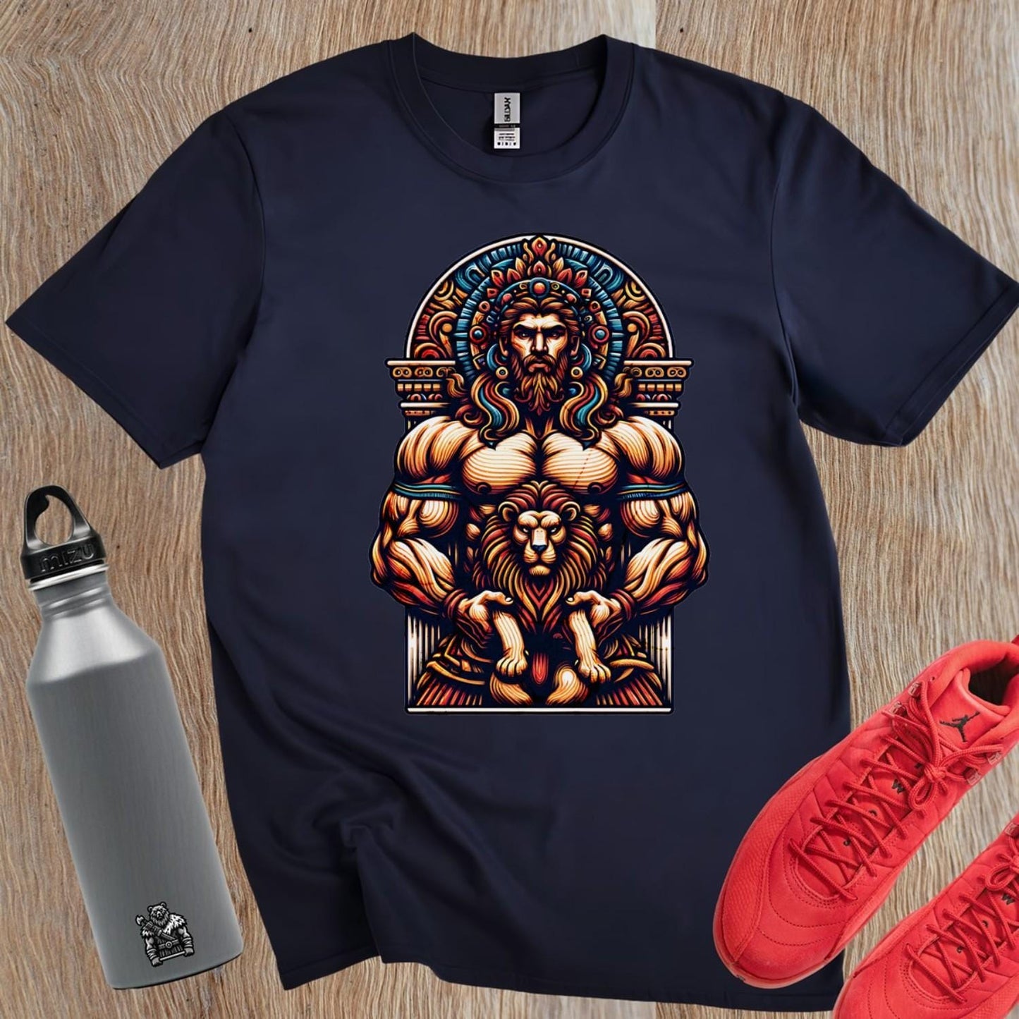 "Bold gym T-shirt featuring a strong muscular figure with a lion, symbolizing courage. Perfect for workouts and casual wear."