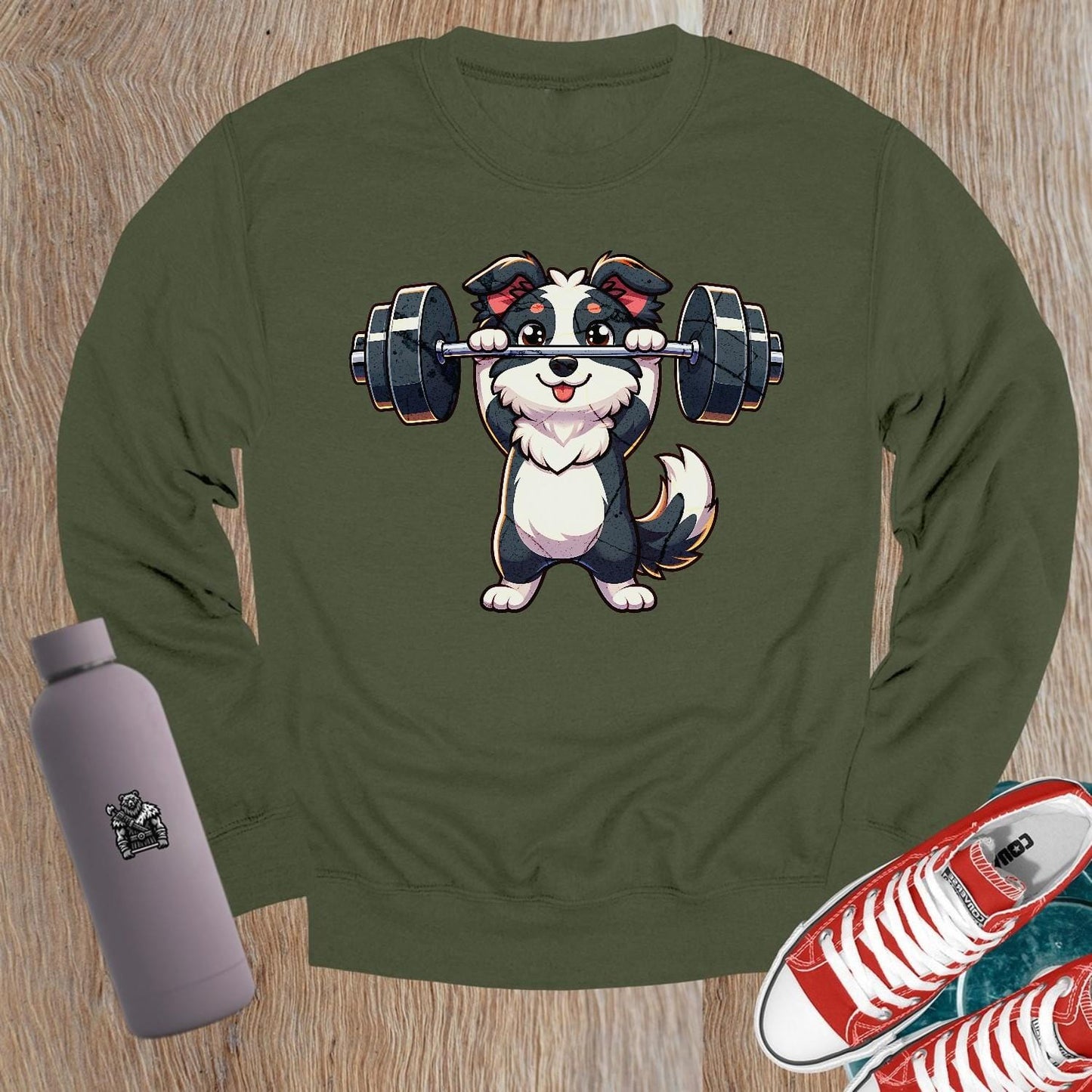 Alt text: "Playful gym crewneck sweatshirt featuring an adorable lifting puppy graphic, perfect for fitness lovers and casual outings."