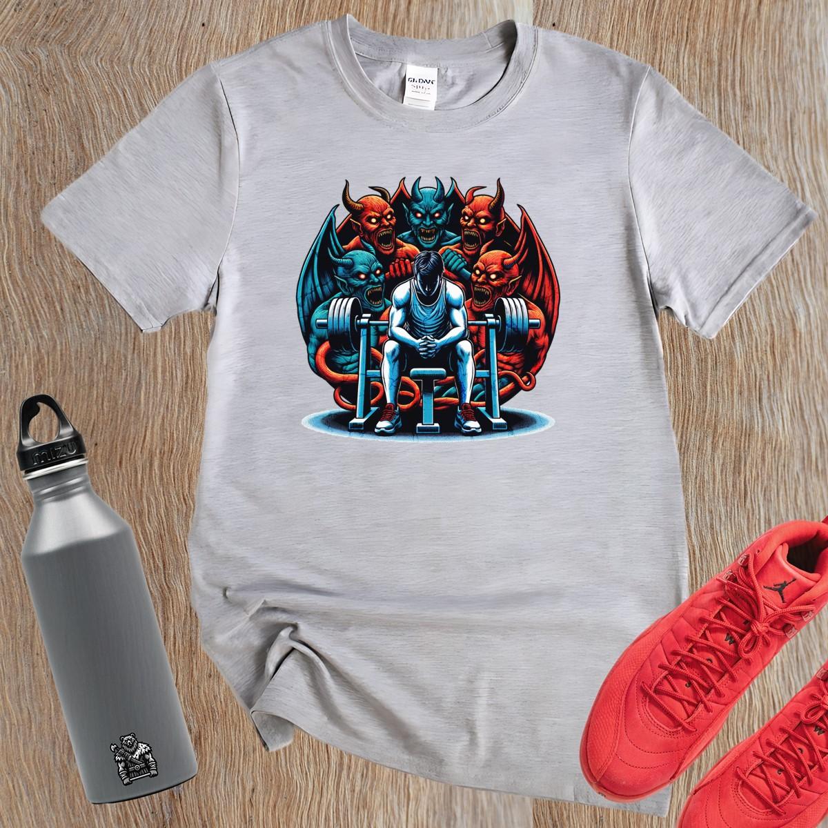 "Bold gym T-shirt featuring fierce graphic of determination on a fiery backdrop, perfect for showcasing strength and fitness passion."