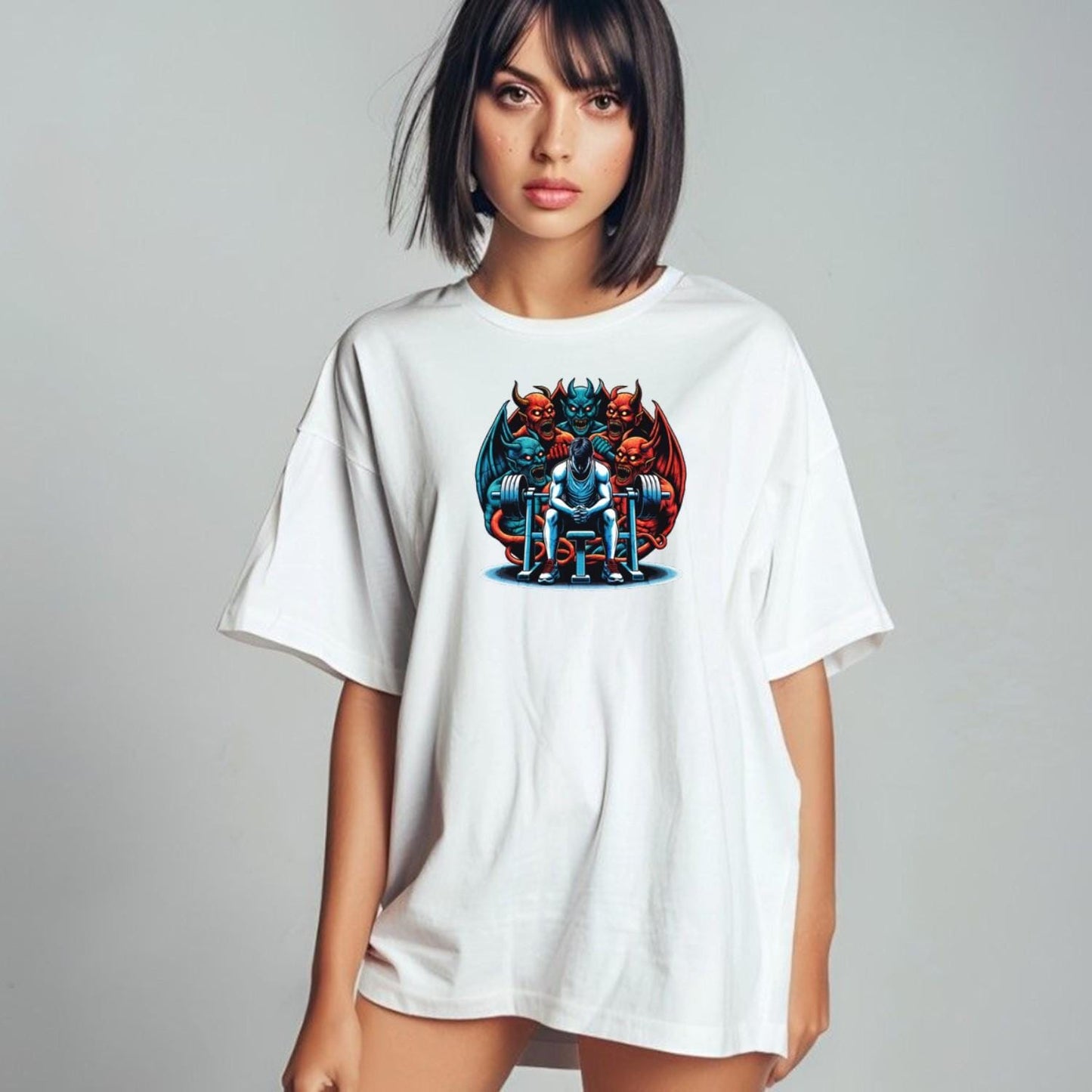 "Bold gym T-shirt featuring fierce graphic of determination on a fiery backdrop, perfect for showcasing strength and fitness passion."